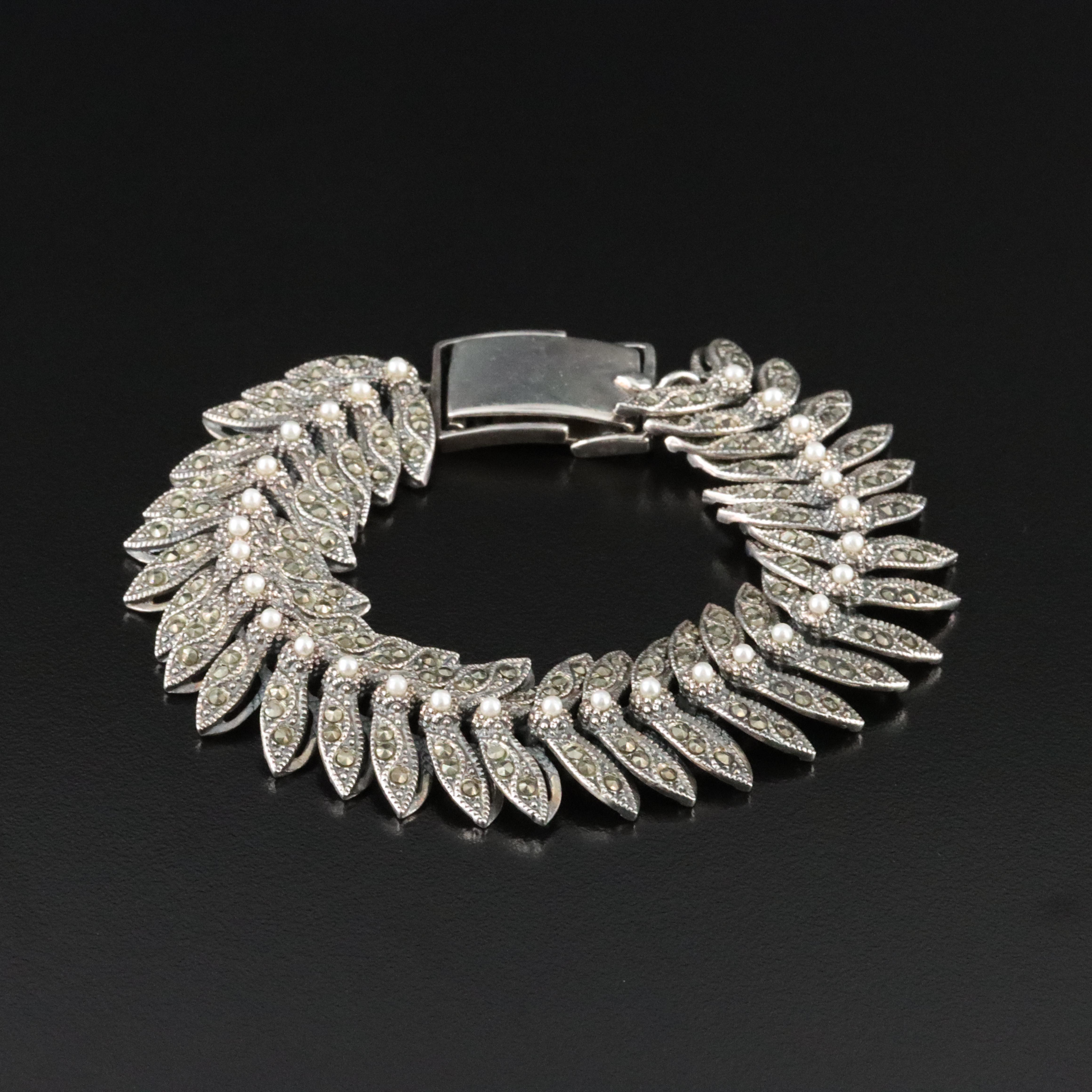 Sterling Faux Pearl and Marcasite Bracelet