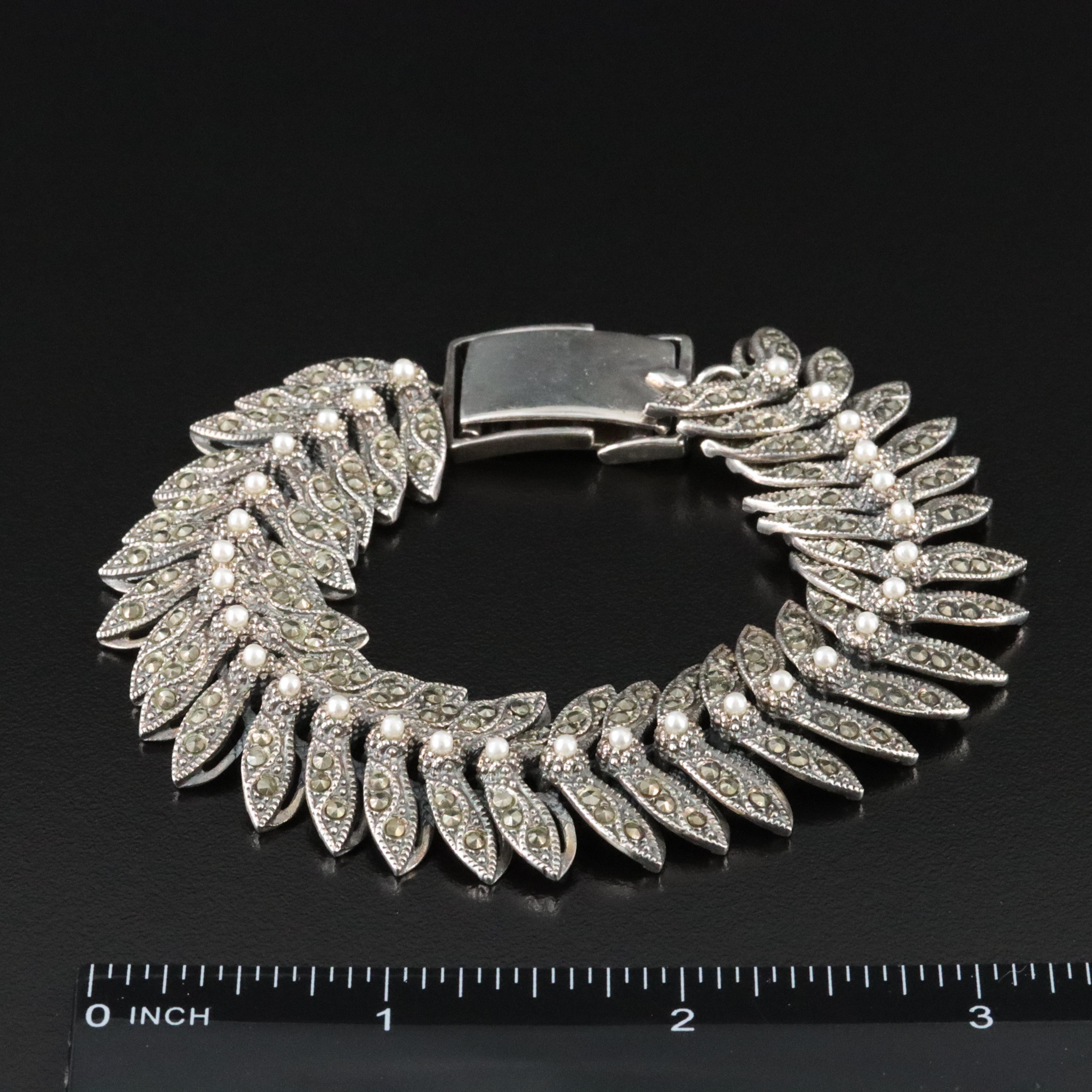 Sterling Faux Pearl and Marcasite Bracelet