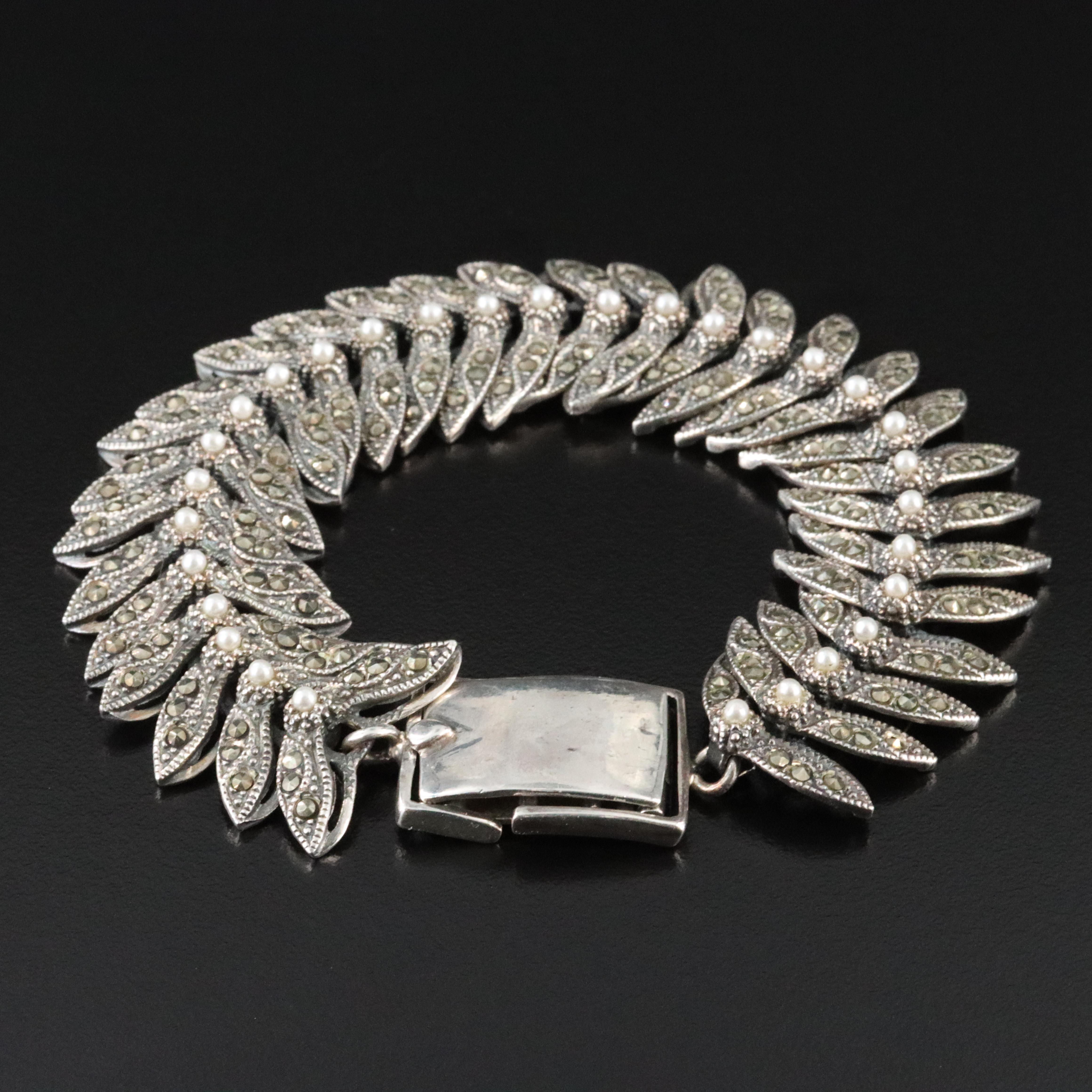 Sterling Faux Pearl and Marcasite Bracelet