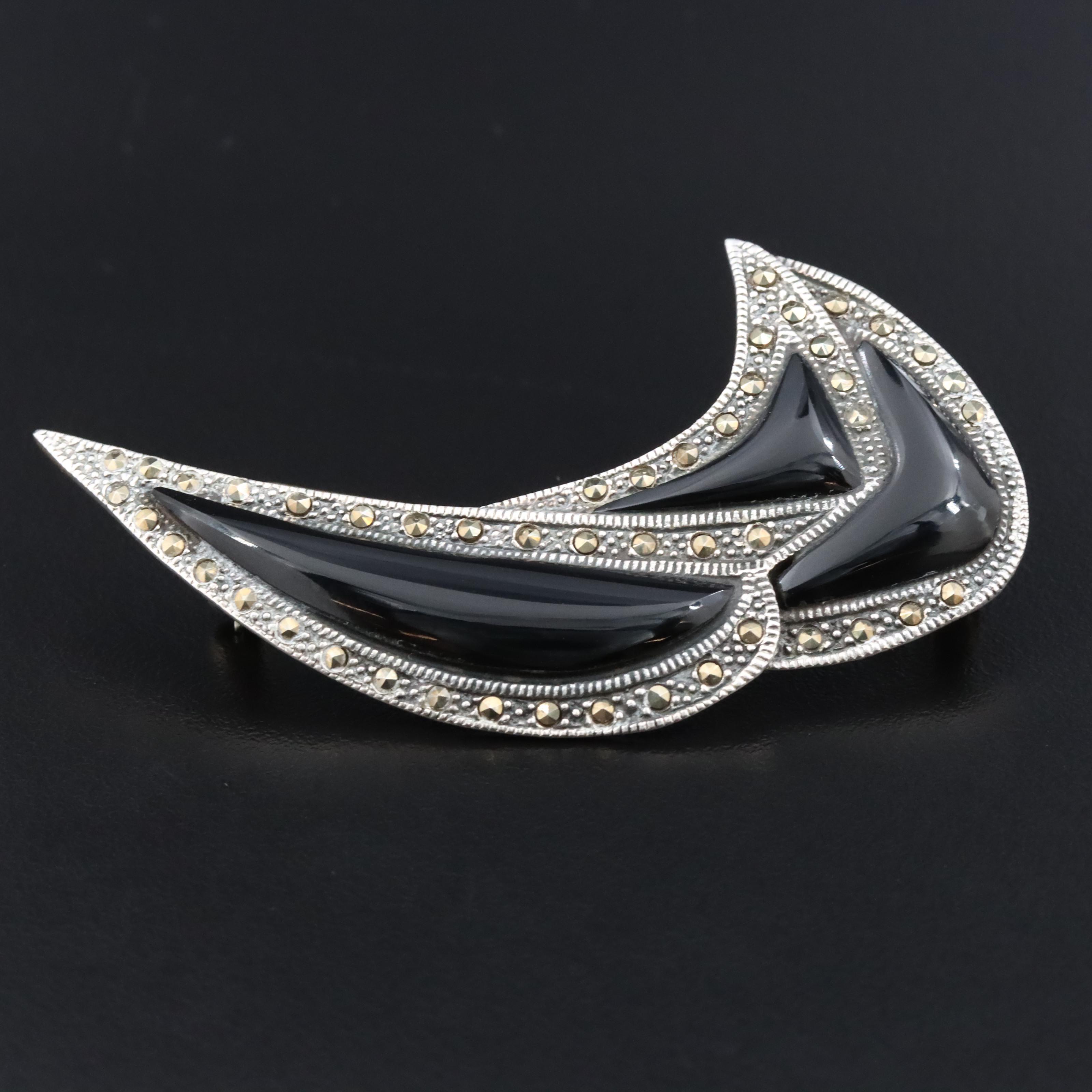 Sterling Black Onyx and Marcasite Brooch