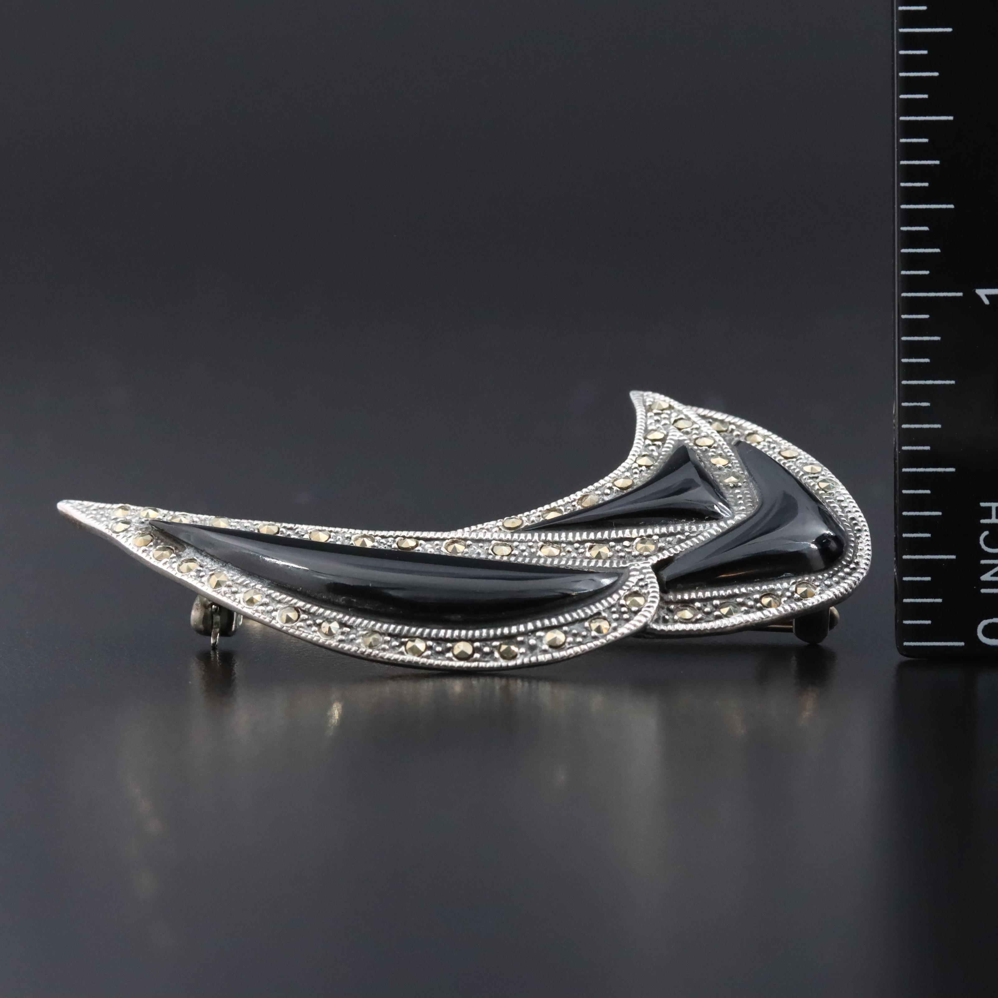 Sterling Black Onyx and Marcasite Brooch