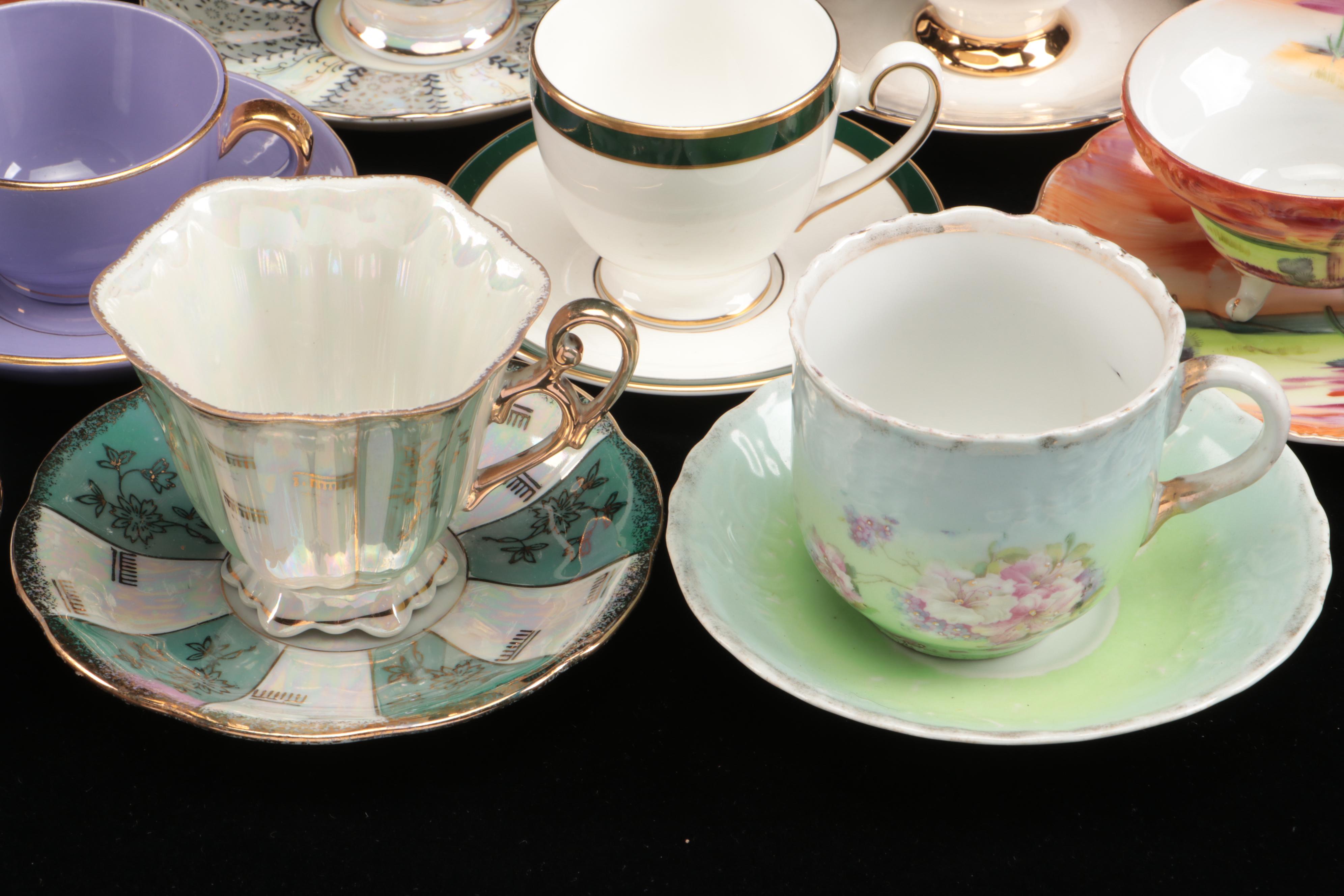 Art Deco Style Lusterware  Cups and Saucers with Other Table Accessories