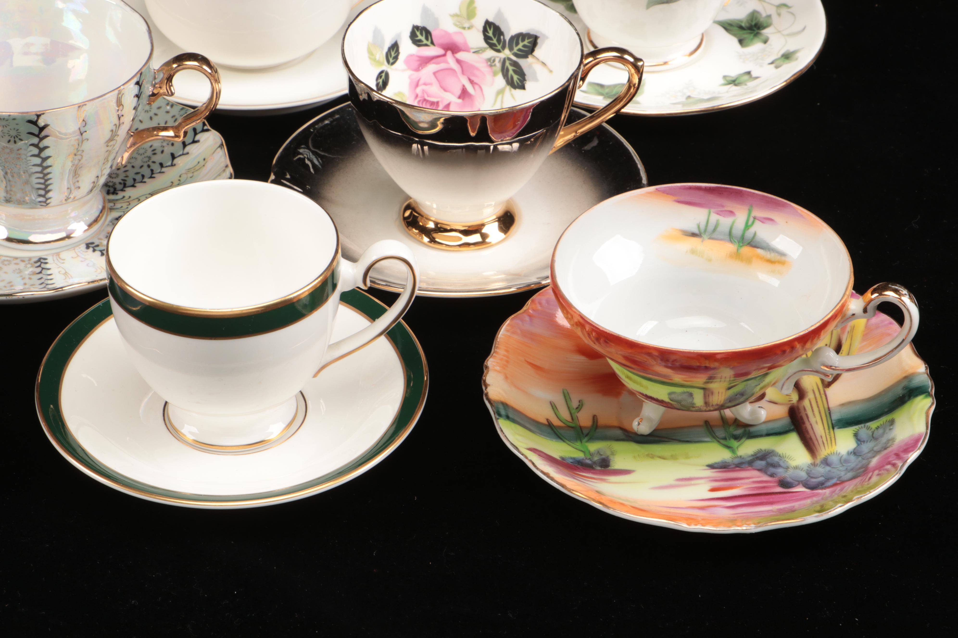 Art Deco Style Lusterware  Cups and Saucers with Other Table Accessories