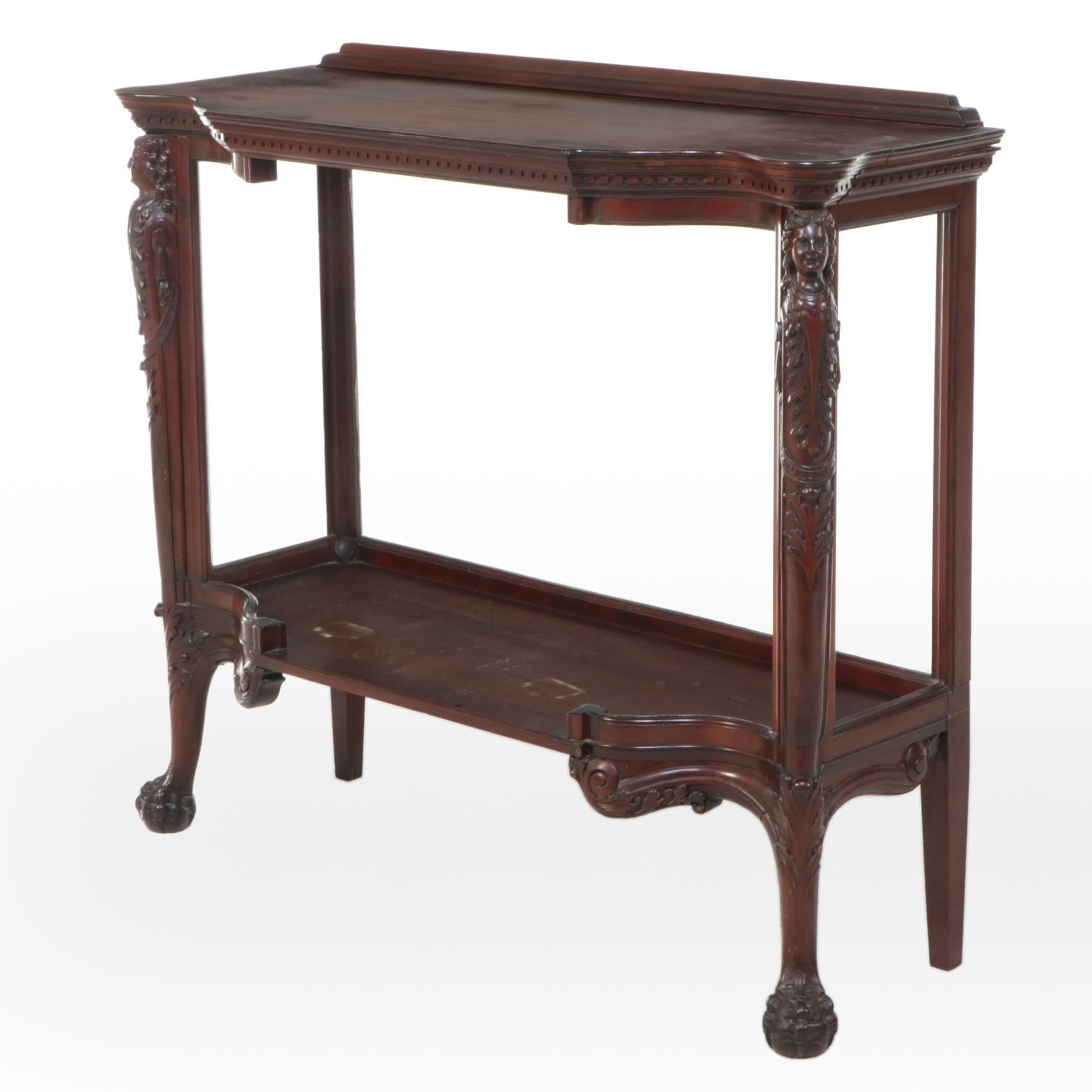 Mahogany Finish Carved Two-Tier Console Table