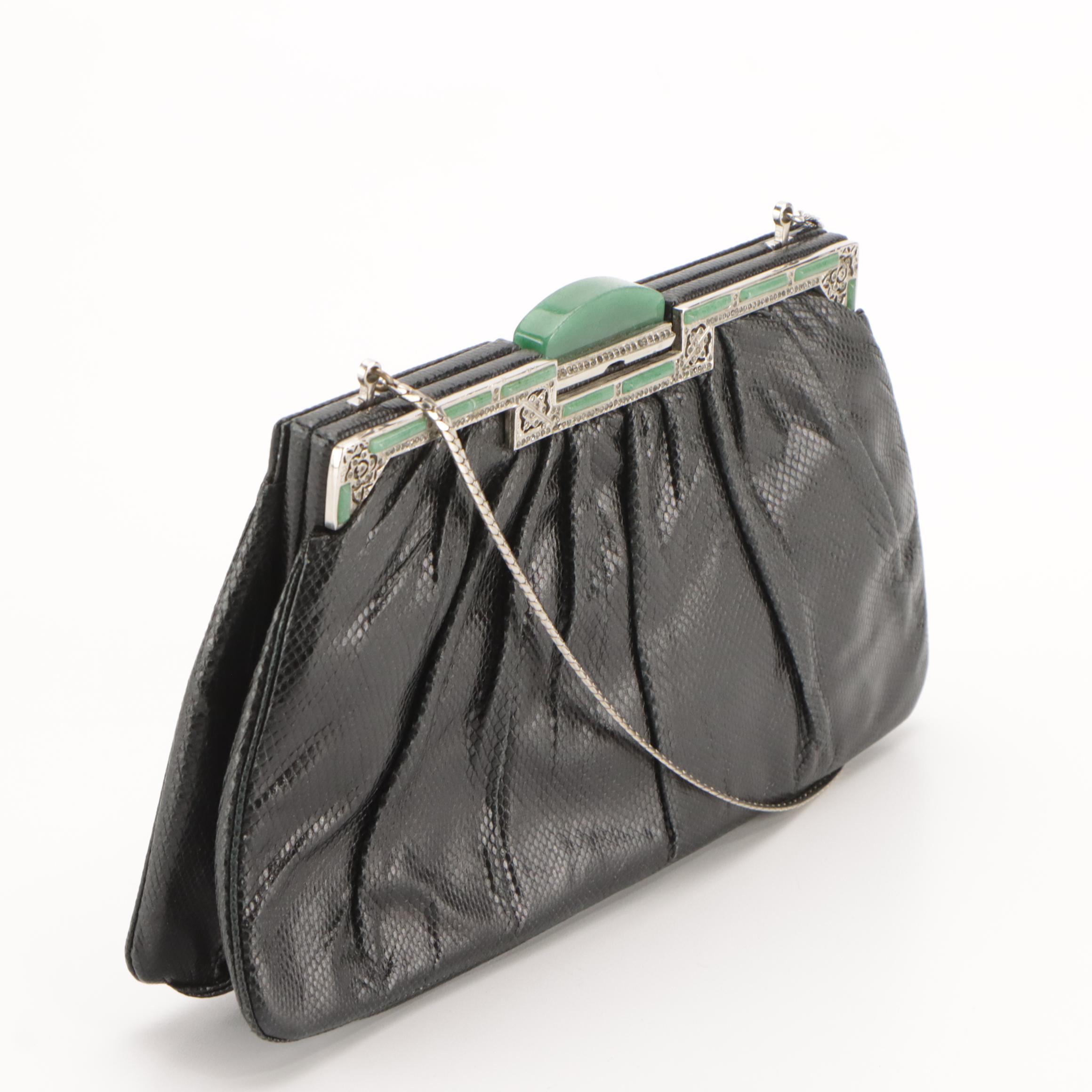 Judith Leiber Art Deco Gemstone Frame Lizard Skin Evening Bag with Accessories