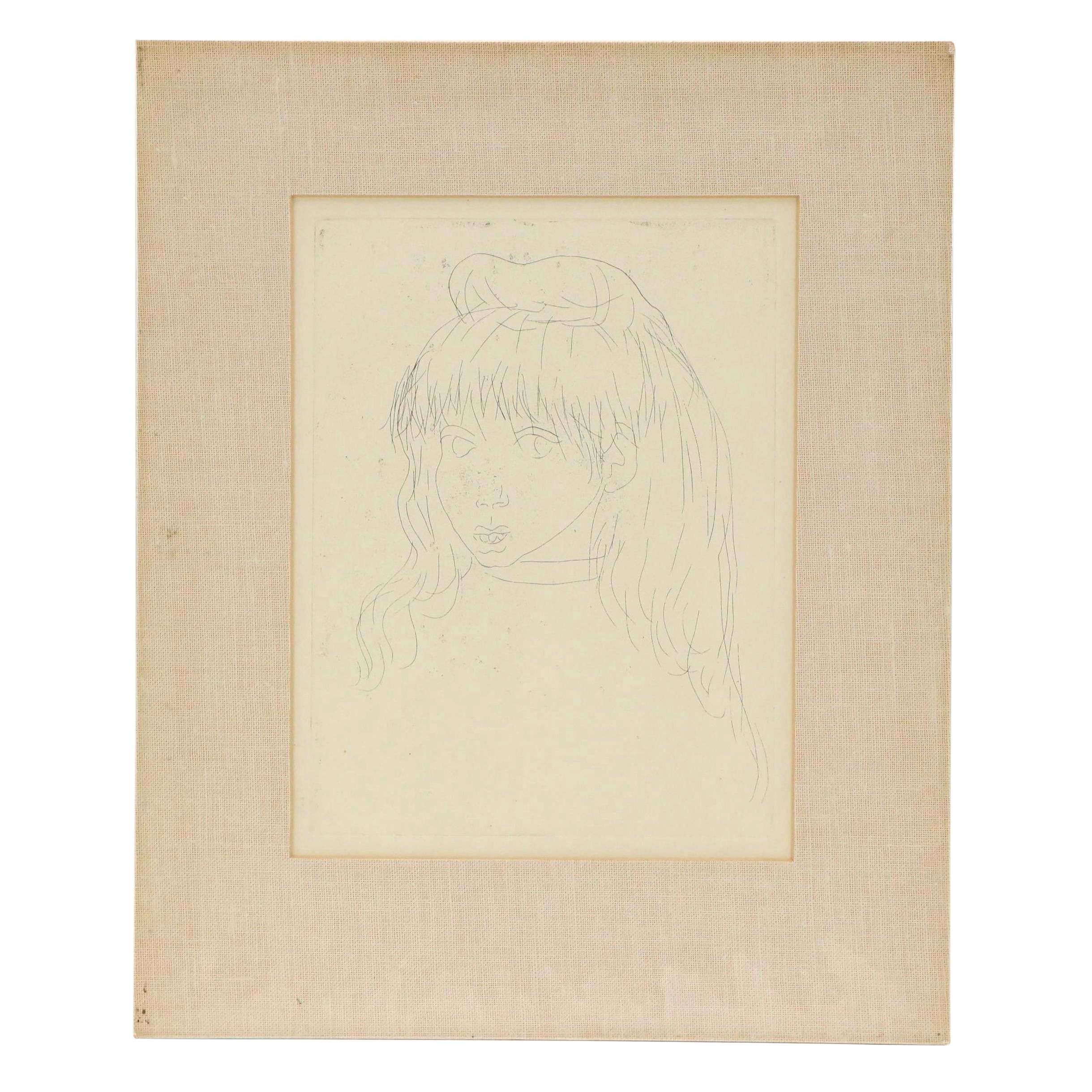 Attributed to Leon Karp Contour Line Portrait Etching "Head of Tory," 1960