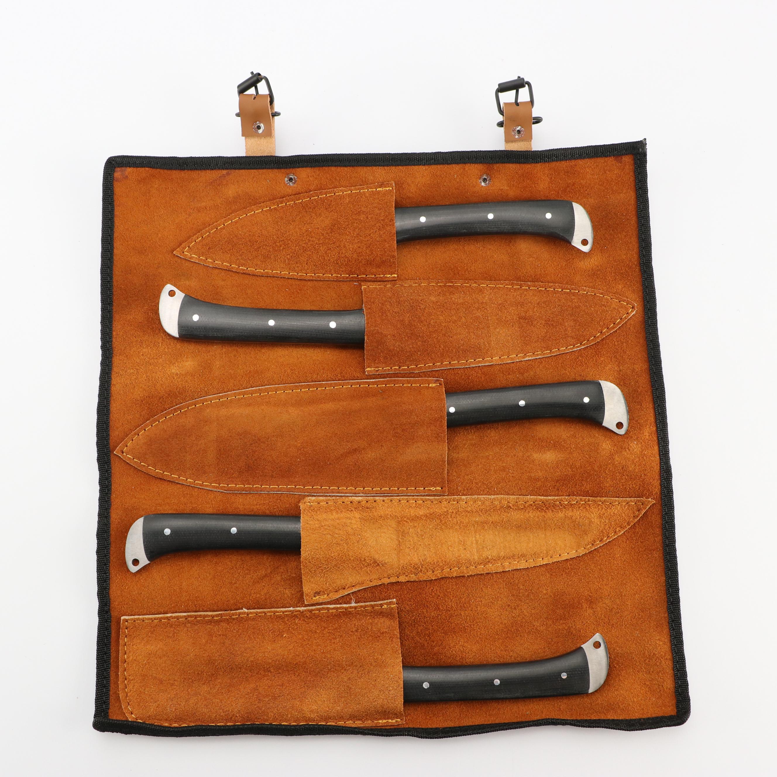 Damascus Steel and Composite Handled Chef's Knife Set in Suede Leather Scabbard