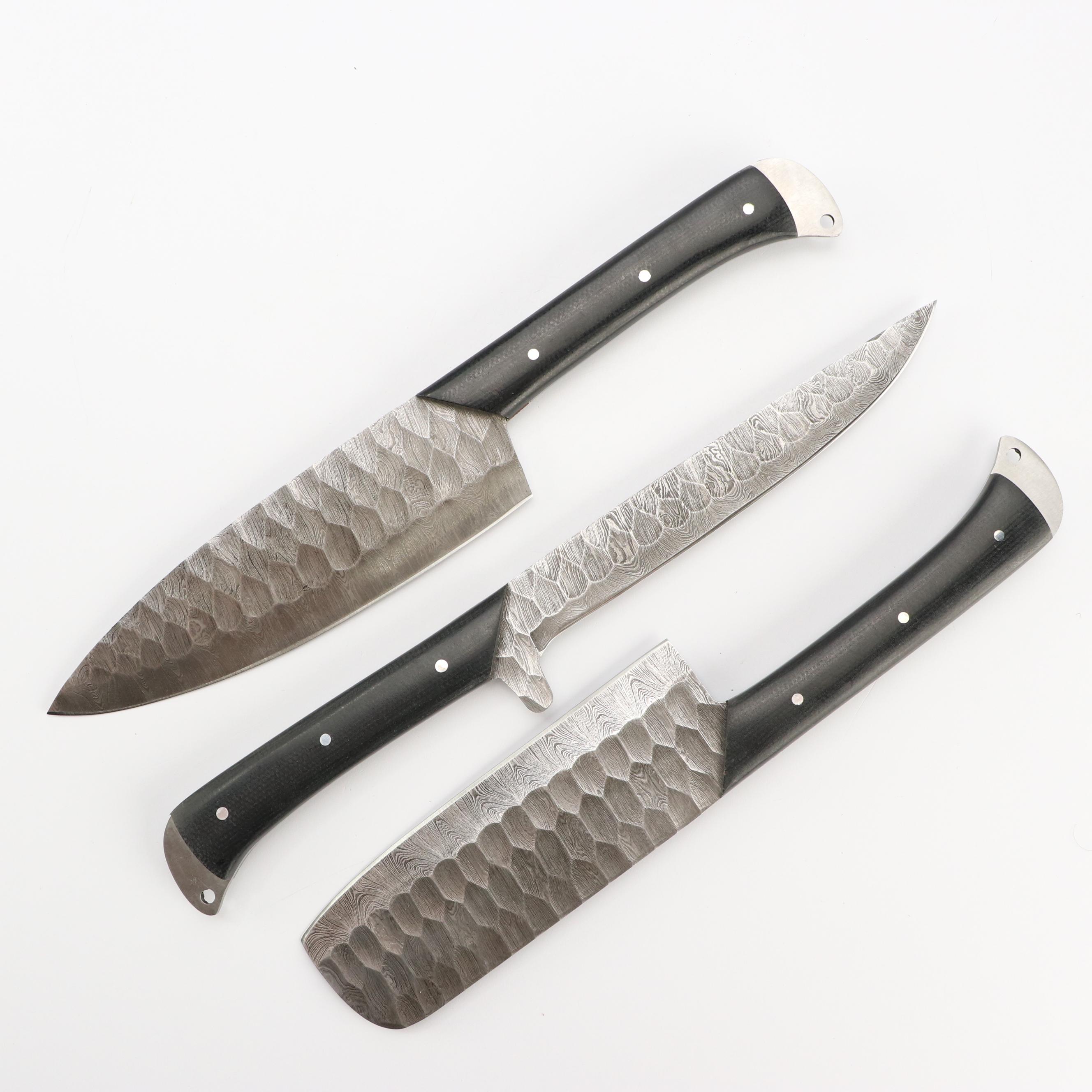 Damascus Steel and Composite Handled Chef's Knife Set in Suede Leather Scabbard