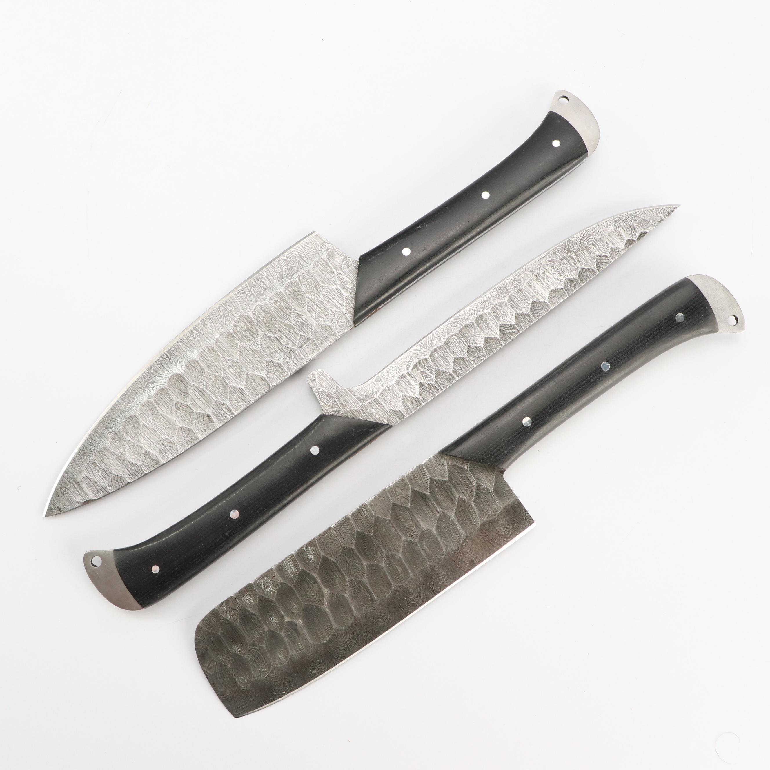 Damascus Steel and Composite Handled Chef's Knife Set in Suede Leather Scabbard