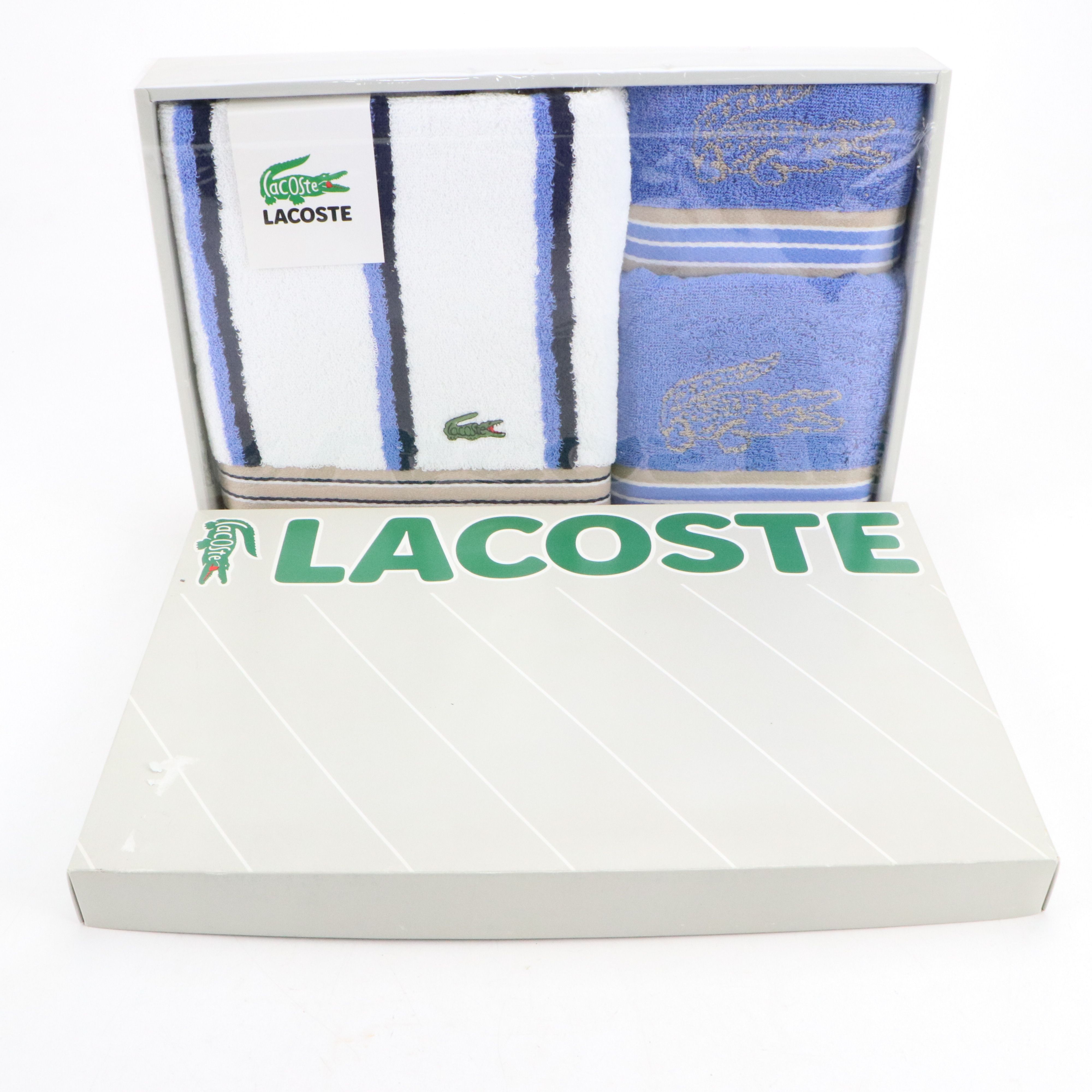 Lacoste Bath Towel Set in Blue and White Cotton, With Box