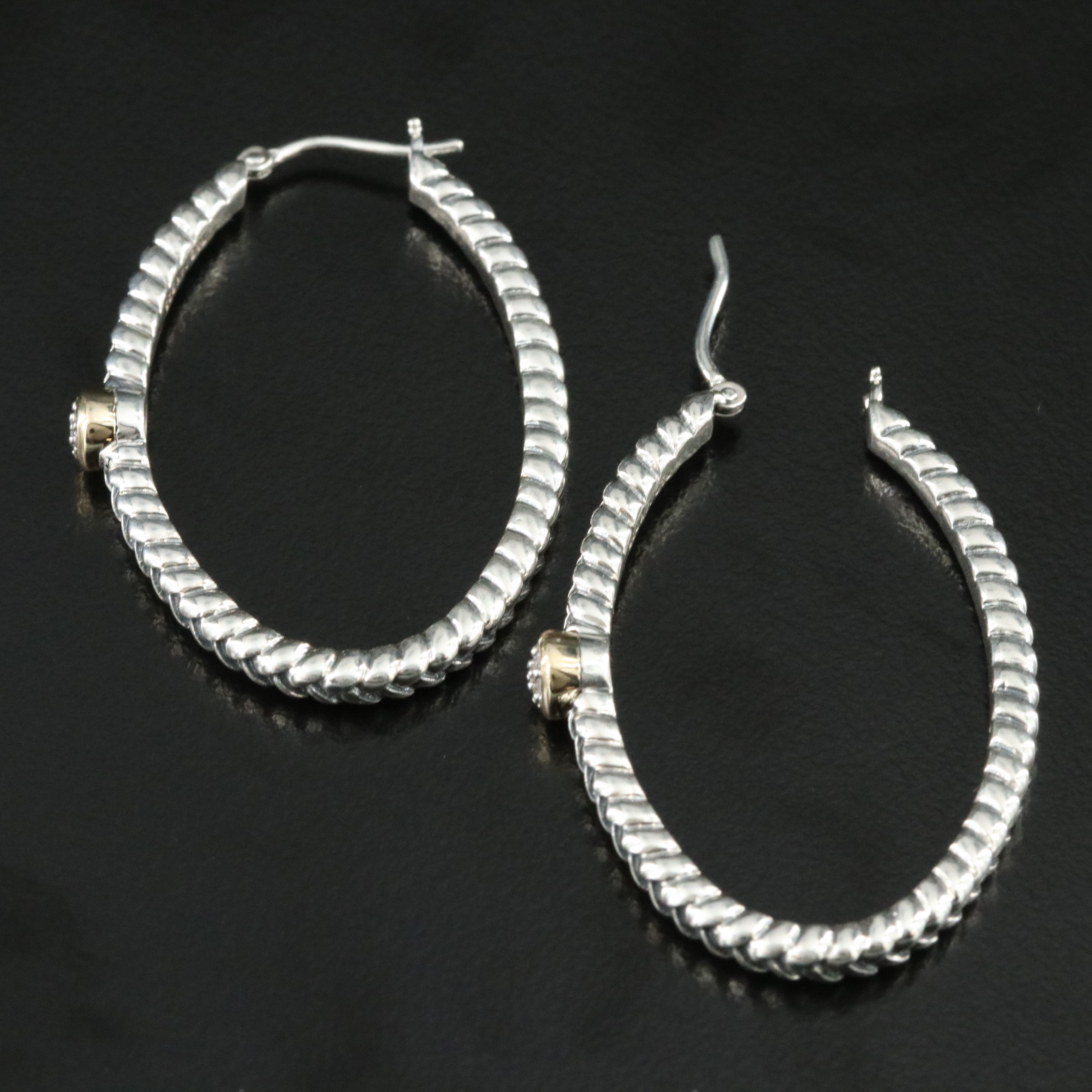 Sterling Diamond Oval Hoop Cluster Earrings with 14K Accent