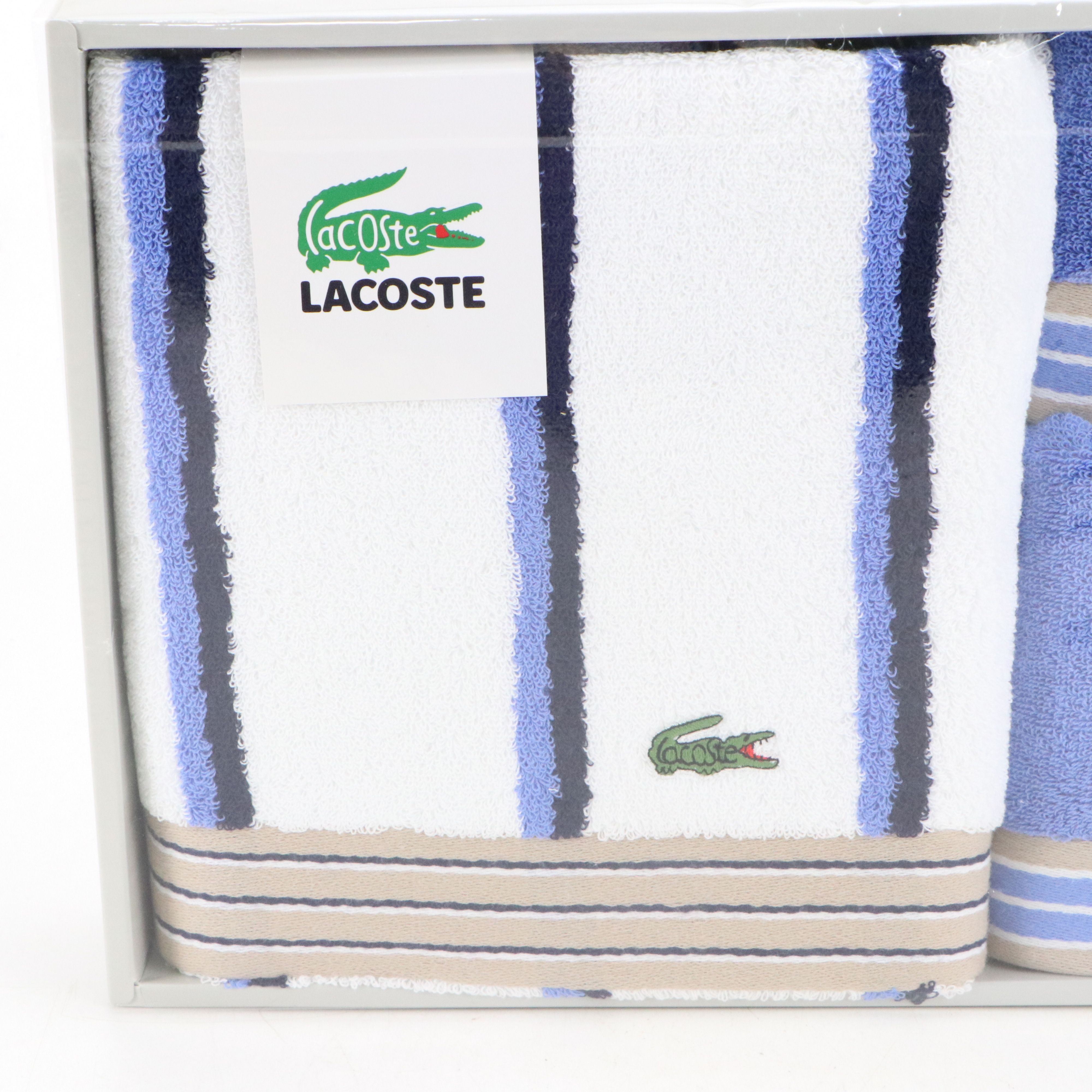 Lacoste Bath Towel Set in Blue and White Cotton, With Box
