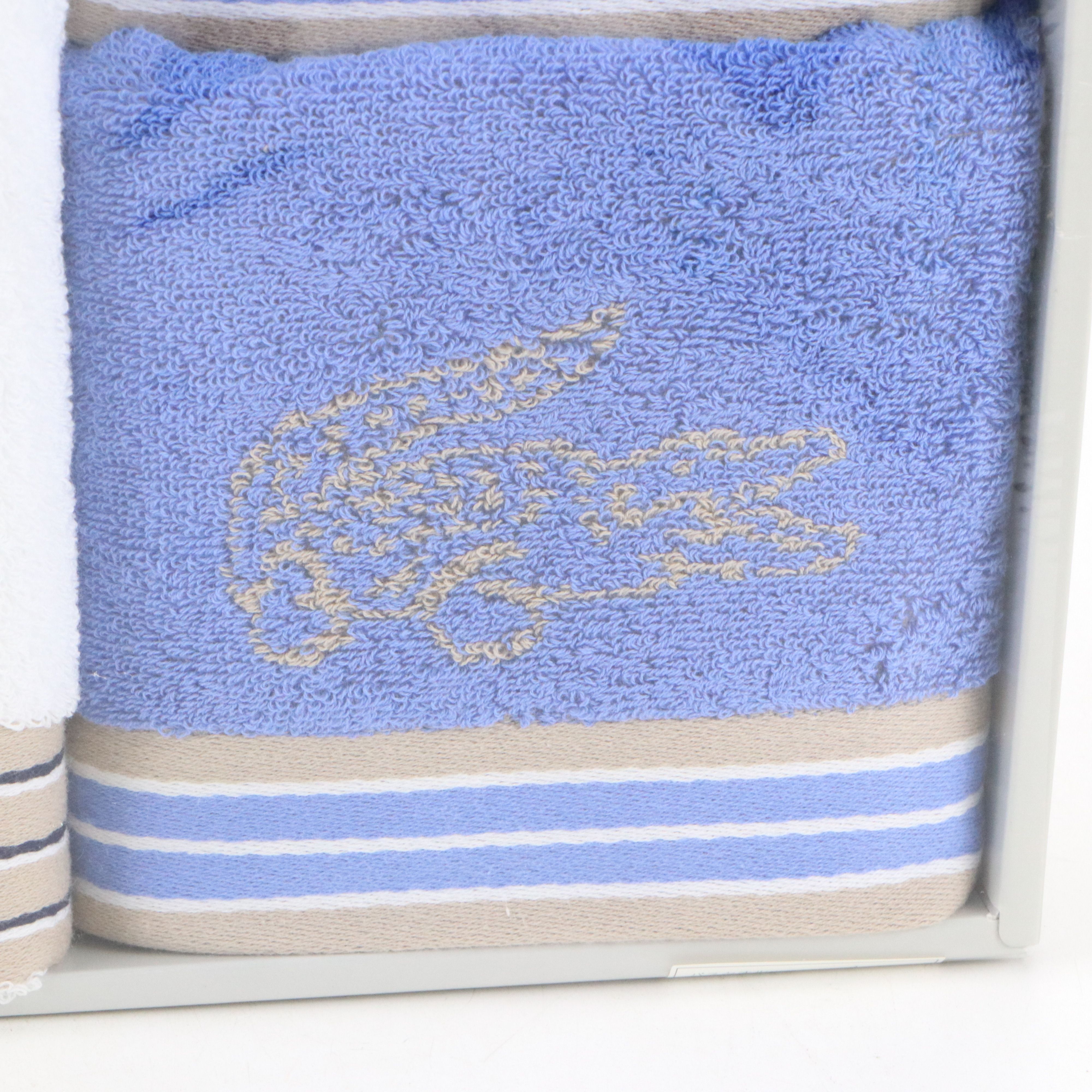 Lacoste Bath Towel Set in Blue and White Cotton, With Box