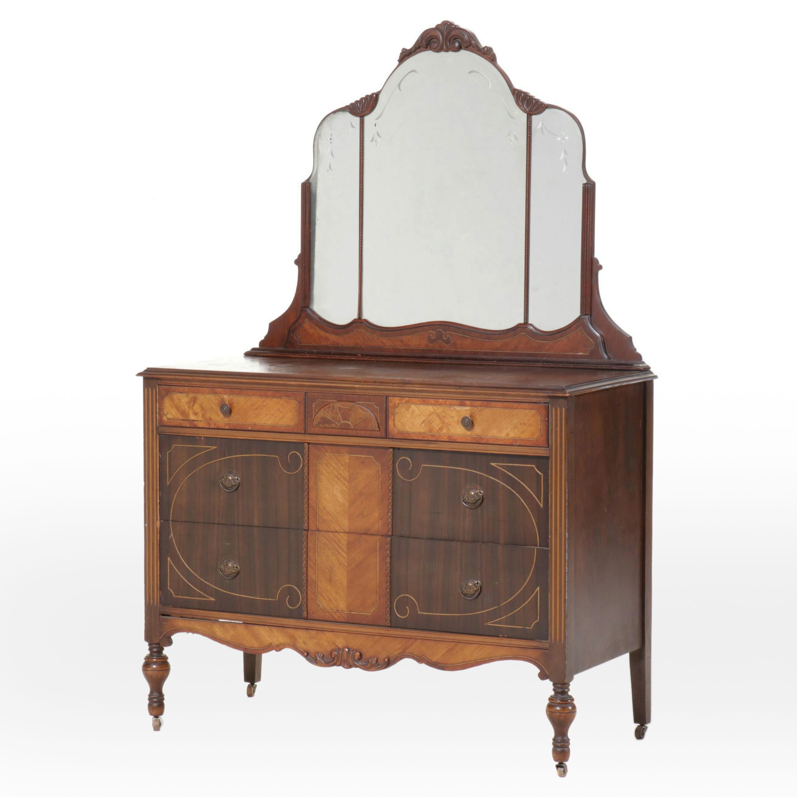 E. Kleeman Co. Jacobean Revival Style Mahogany and Waterfall Veneer Dresser