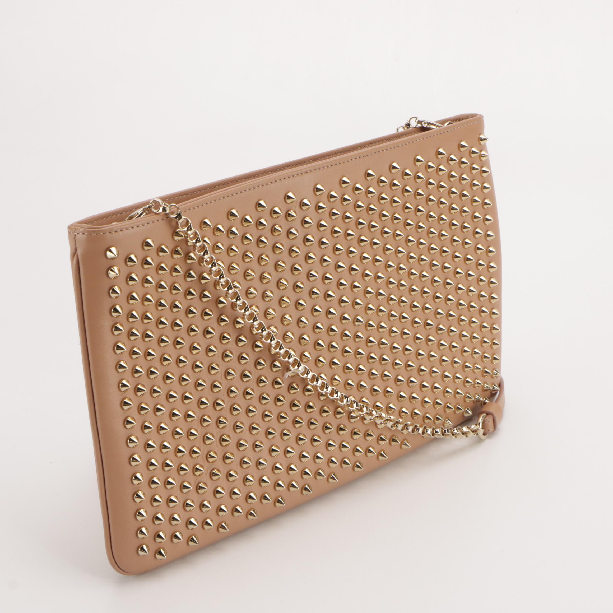Christian Louboutin Studded Leather Loubiposh Chain Clutch Crossbody in Nude