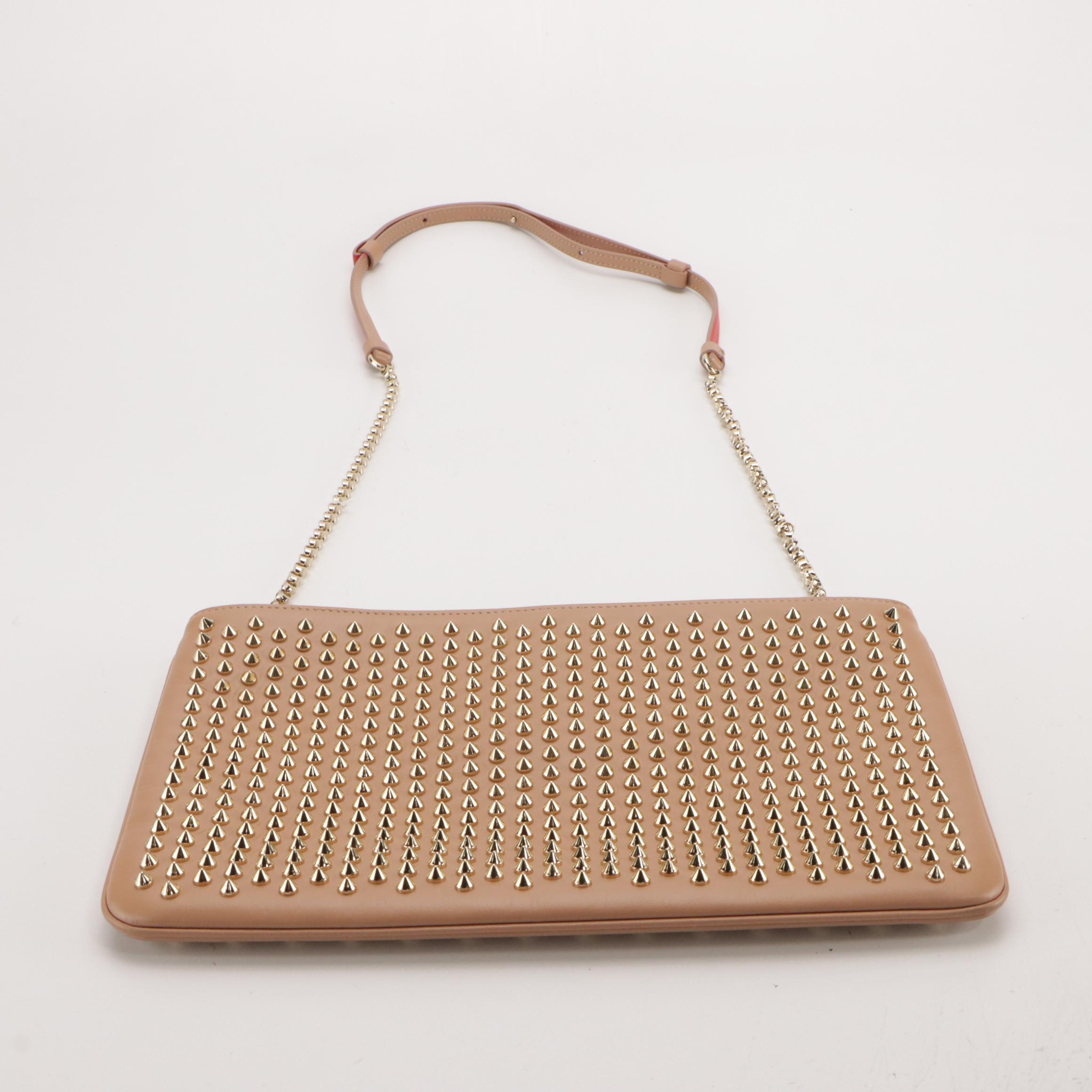 Christian Louboutin Studded Leather Loubiposh Chain Clutch Crossbody in Nude