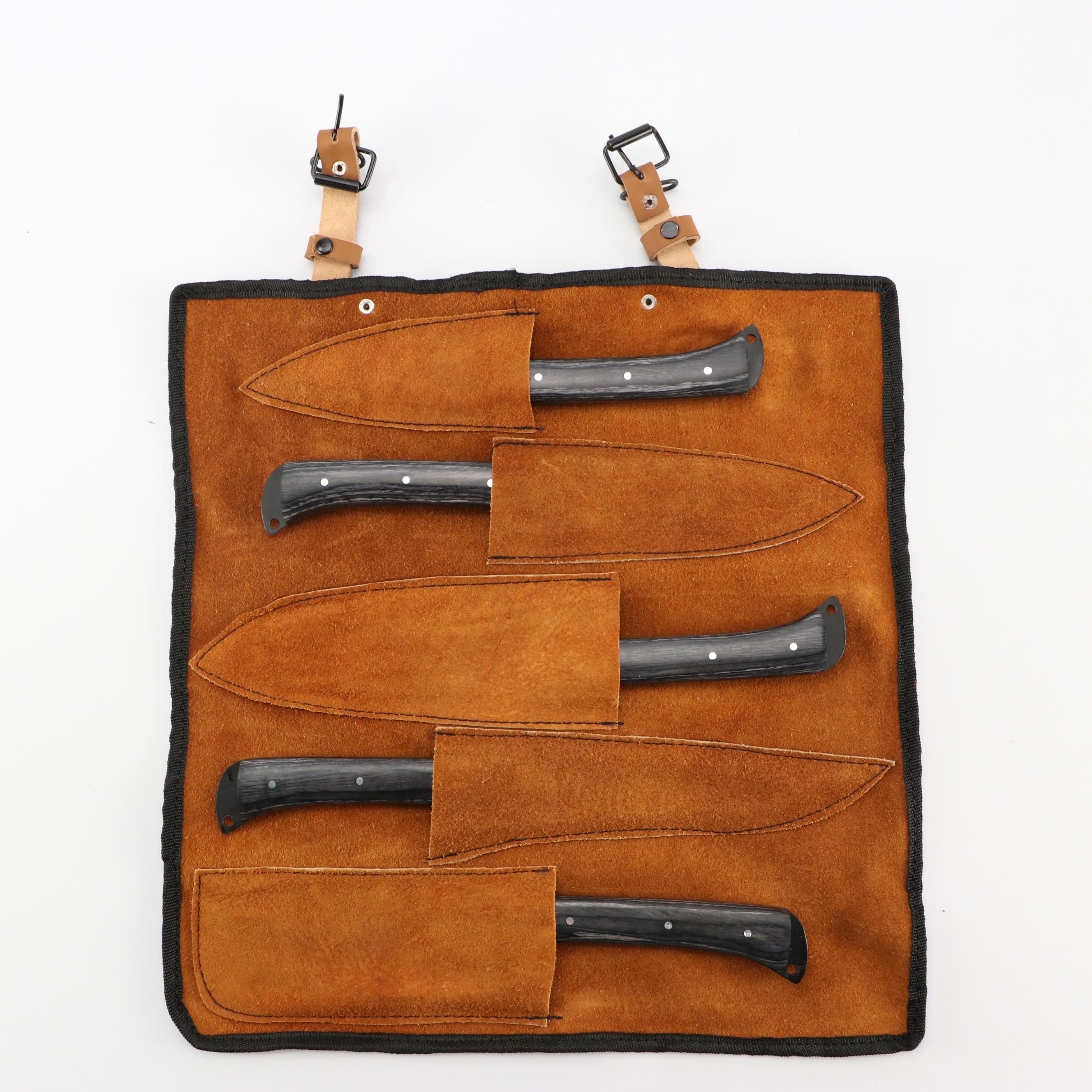 Black Metal and Wooden Handled Chef's Knife Set in Suede Leather Scabbard