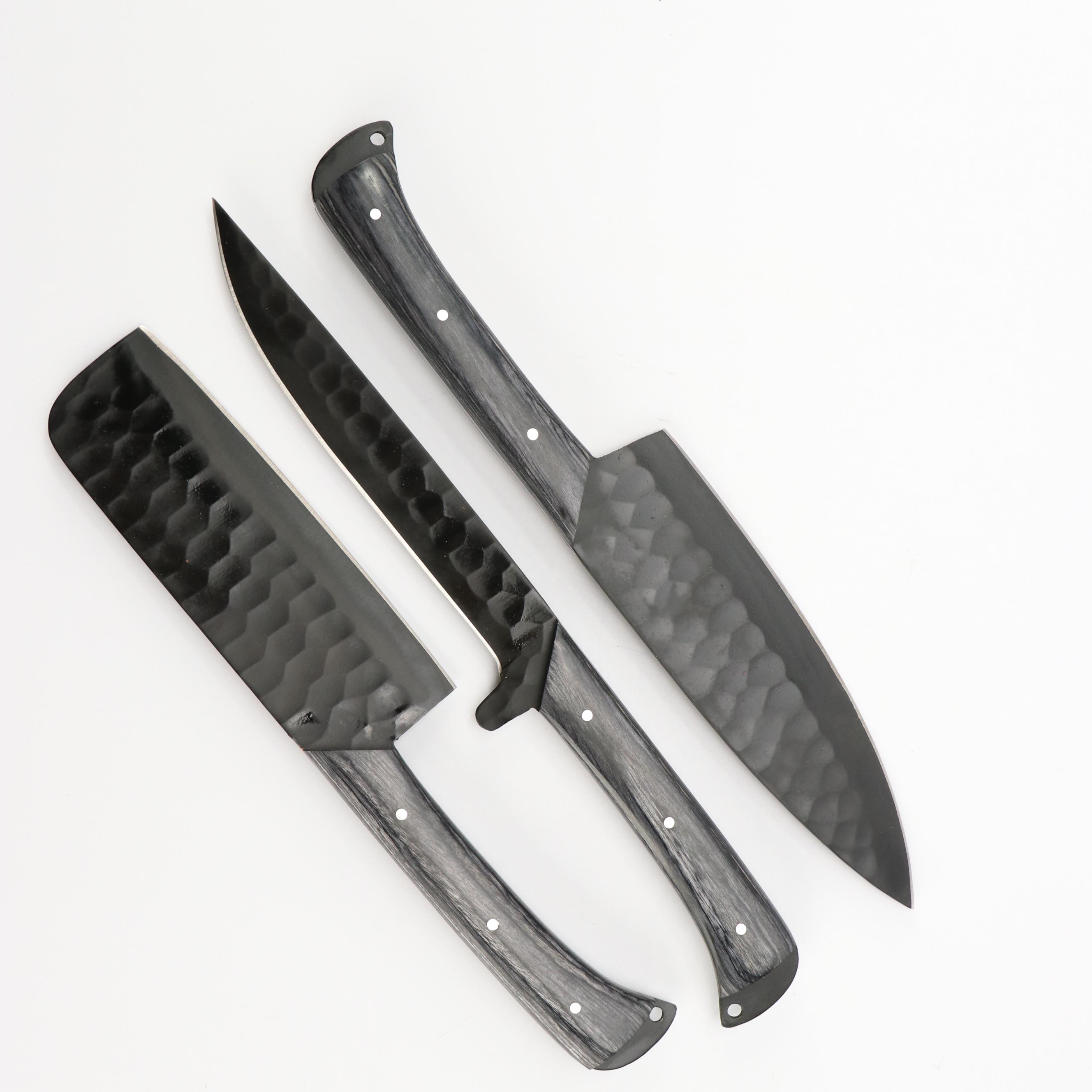 Black Metal and Wooden Handled Chef's Knife Set in Suede Leather Scabbard