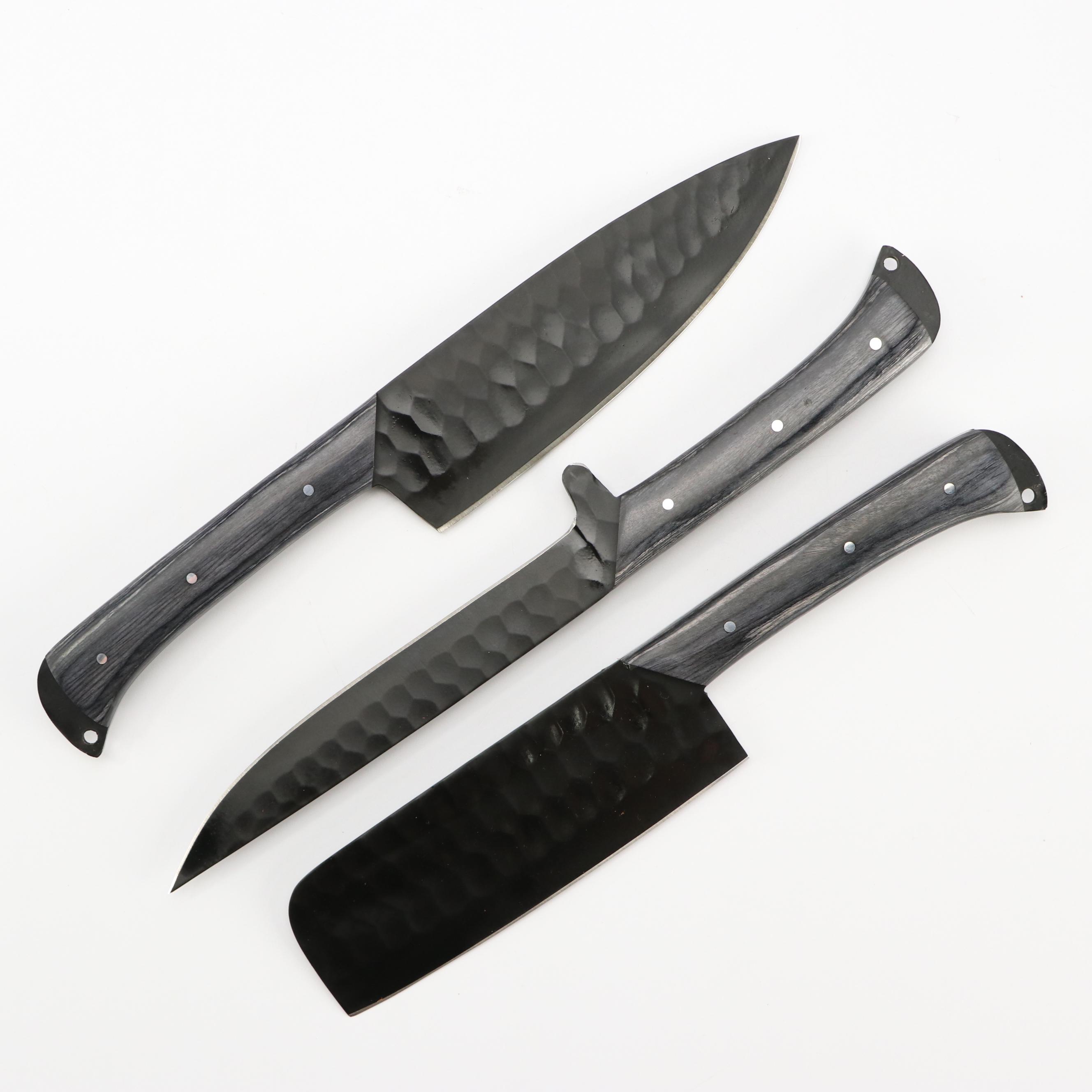 Black Metal and Wooden Handled Chef's Knife Set in Suede Leather Scabbard