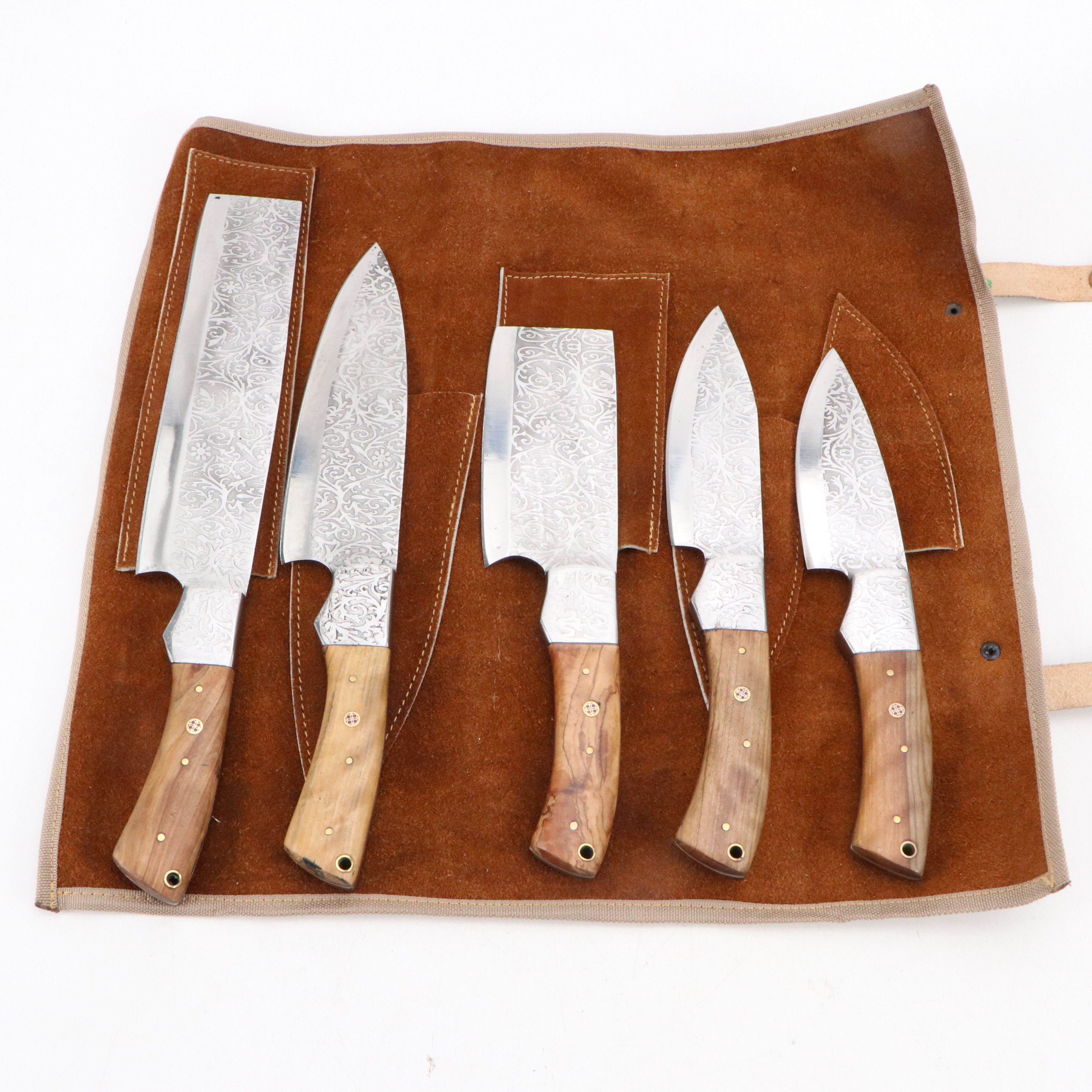 Wooden Handled and Embossed Blade Chef's Knife Set in Suede Leather Roll