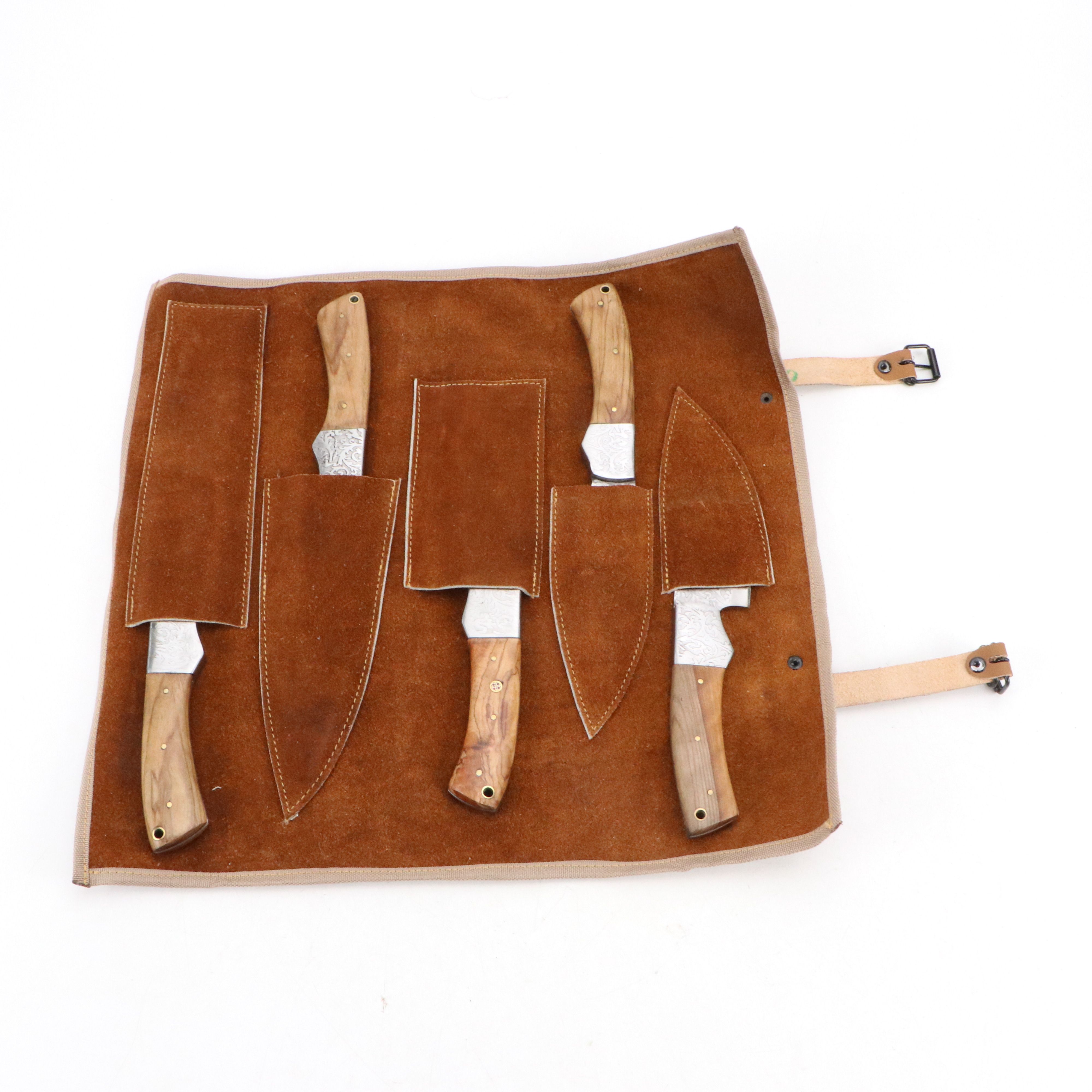 Wooden Handled and Embossed Blade Chef's Knife Set in Suede Leather Roll