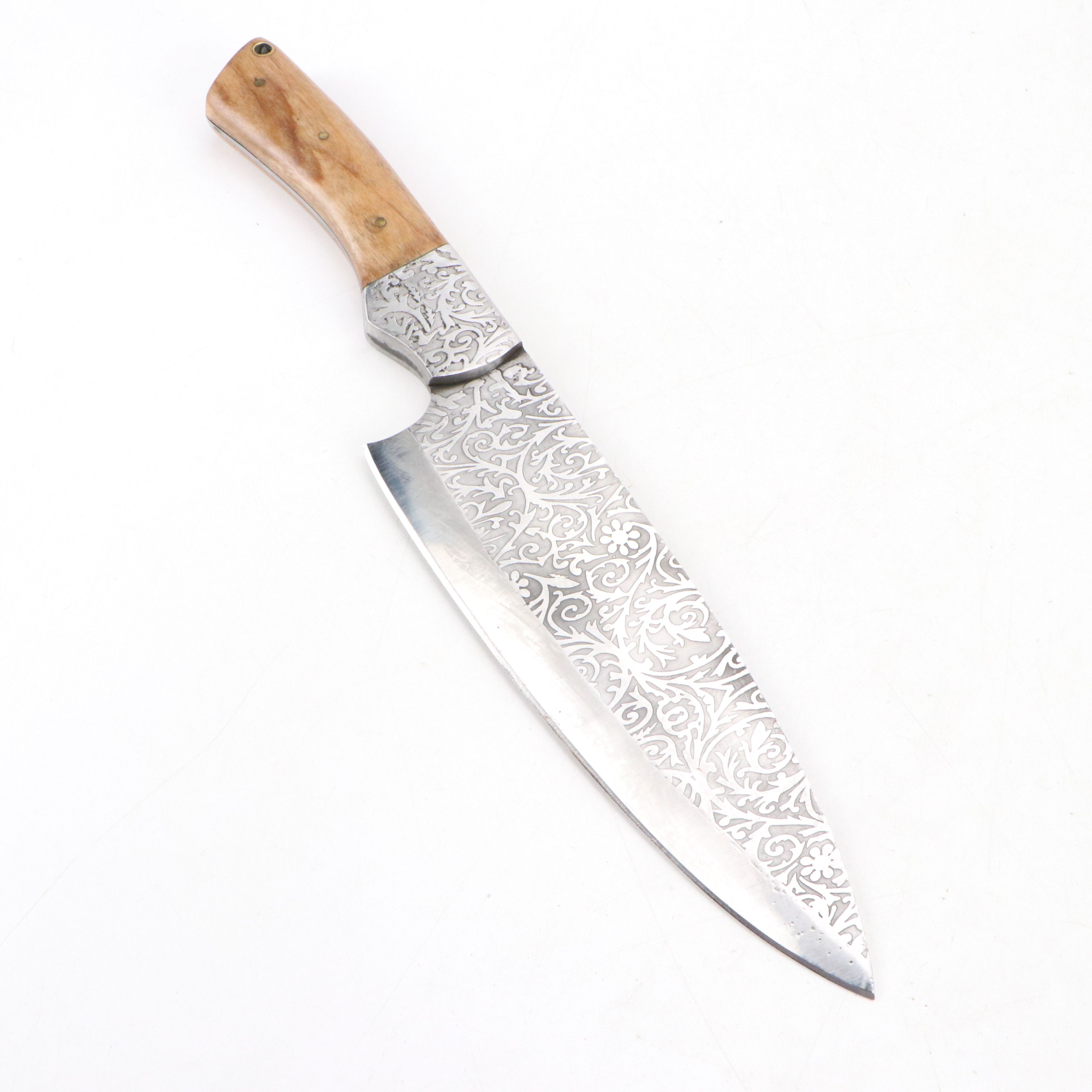 Wooden Handled and Embossed Blade Chef's Knife Set in Suede Leather Roll