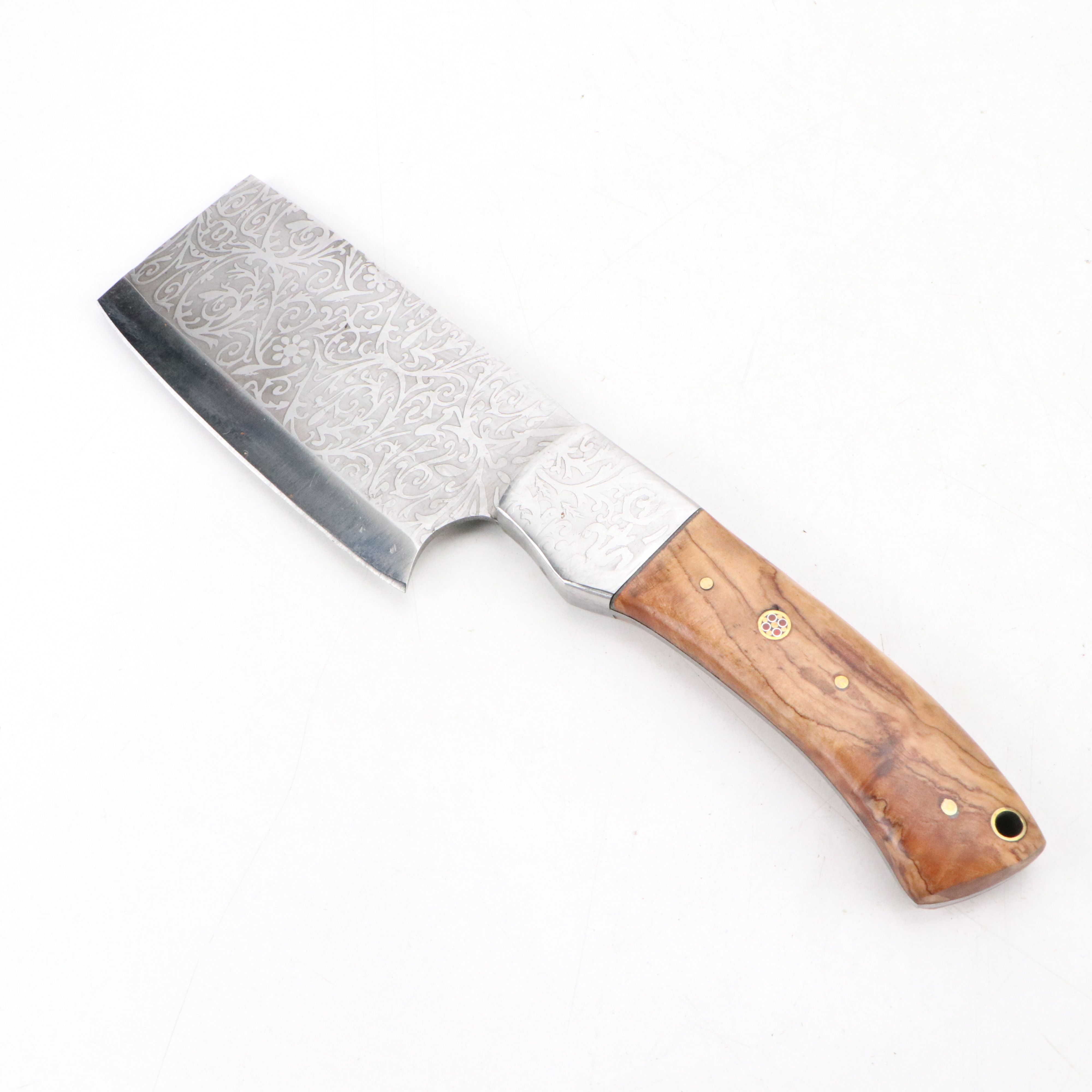 Wooden Handled and Embossed Blade Chef's Knife Set in Suede Leather Roll