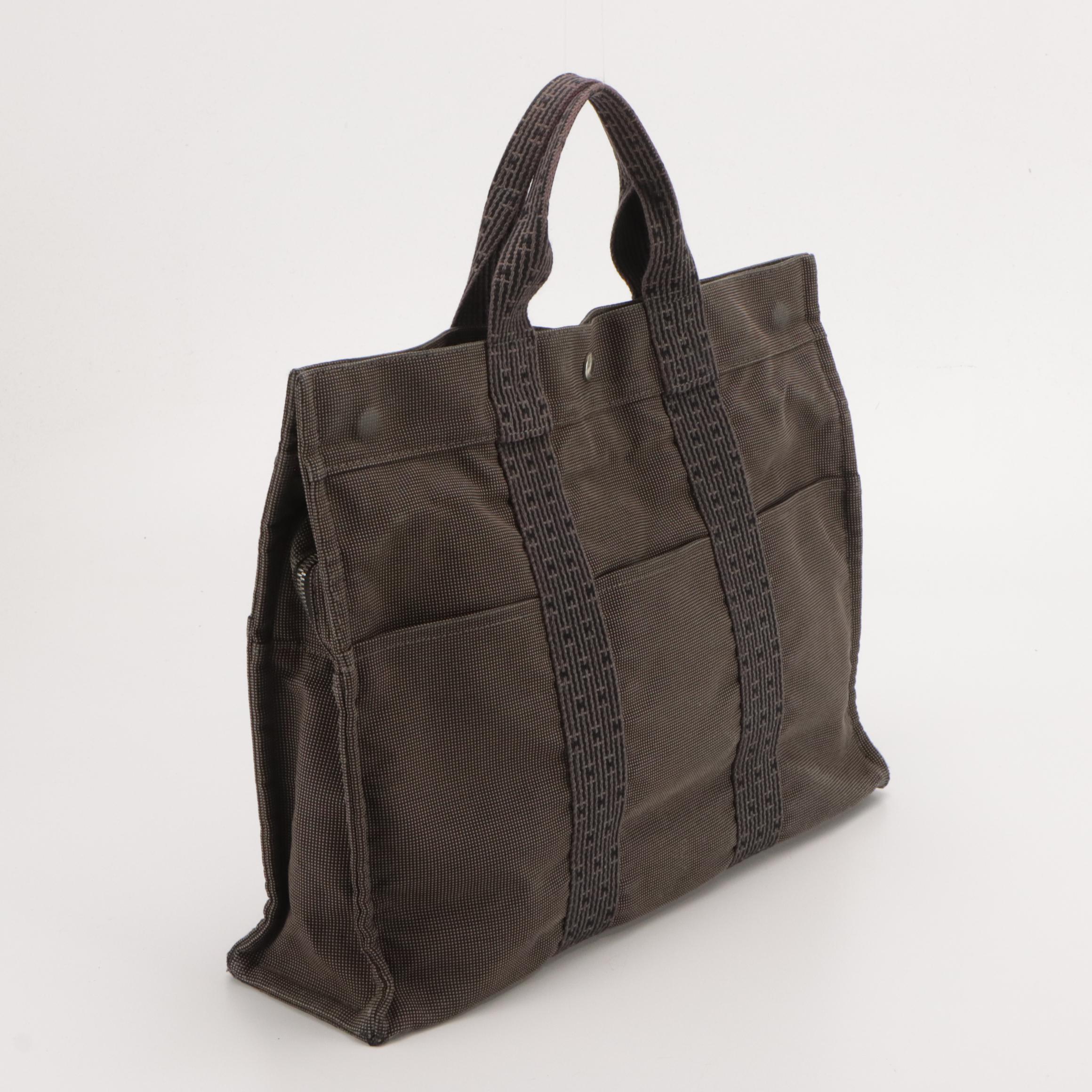 Hermès Toile Canvas Herline Tote MM in Grey/Black