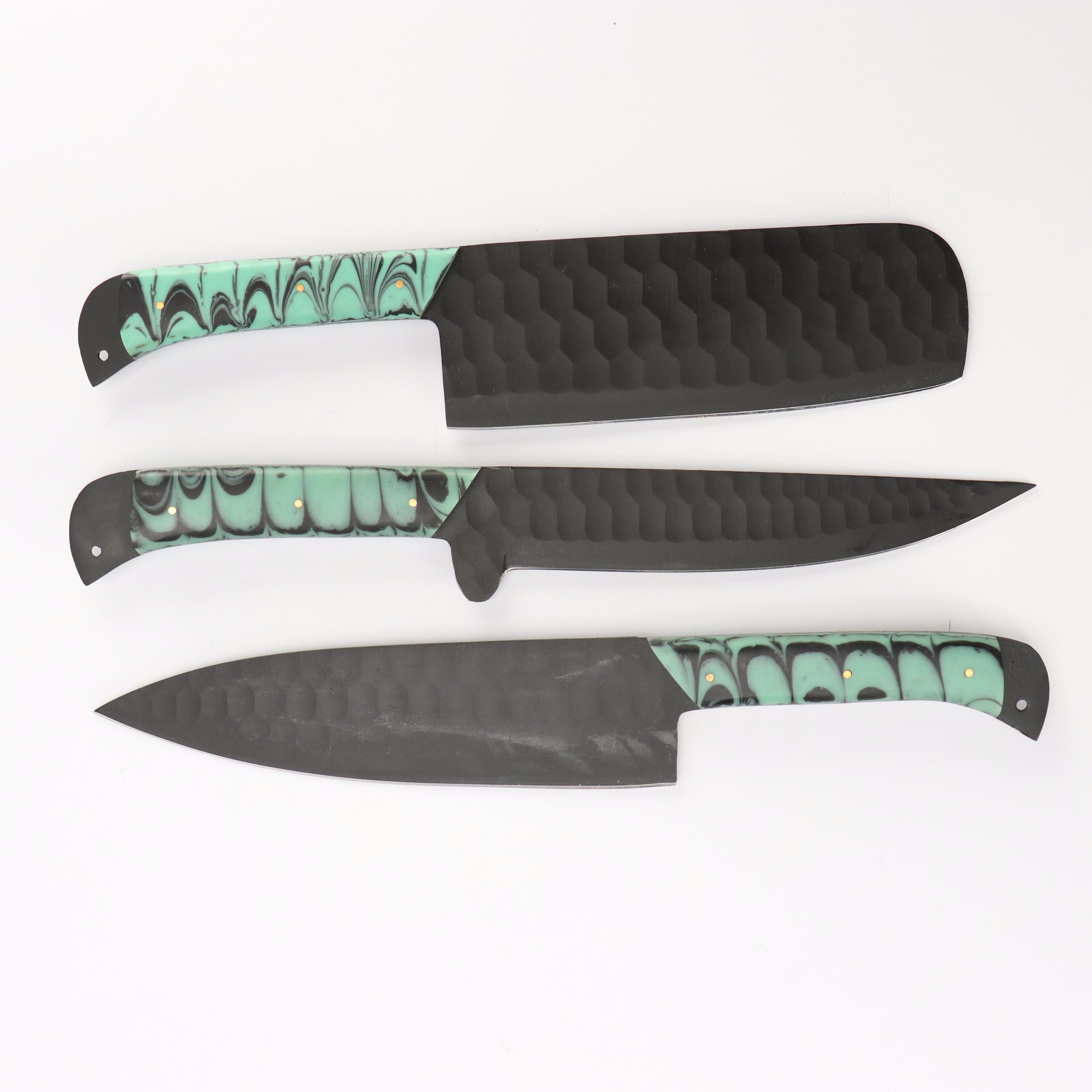 Black Metal and Marbled Handled Chef's Knife Set in Suede Leather Scabbard