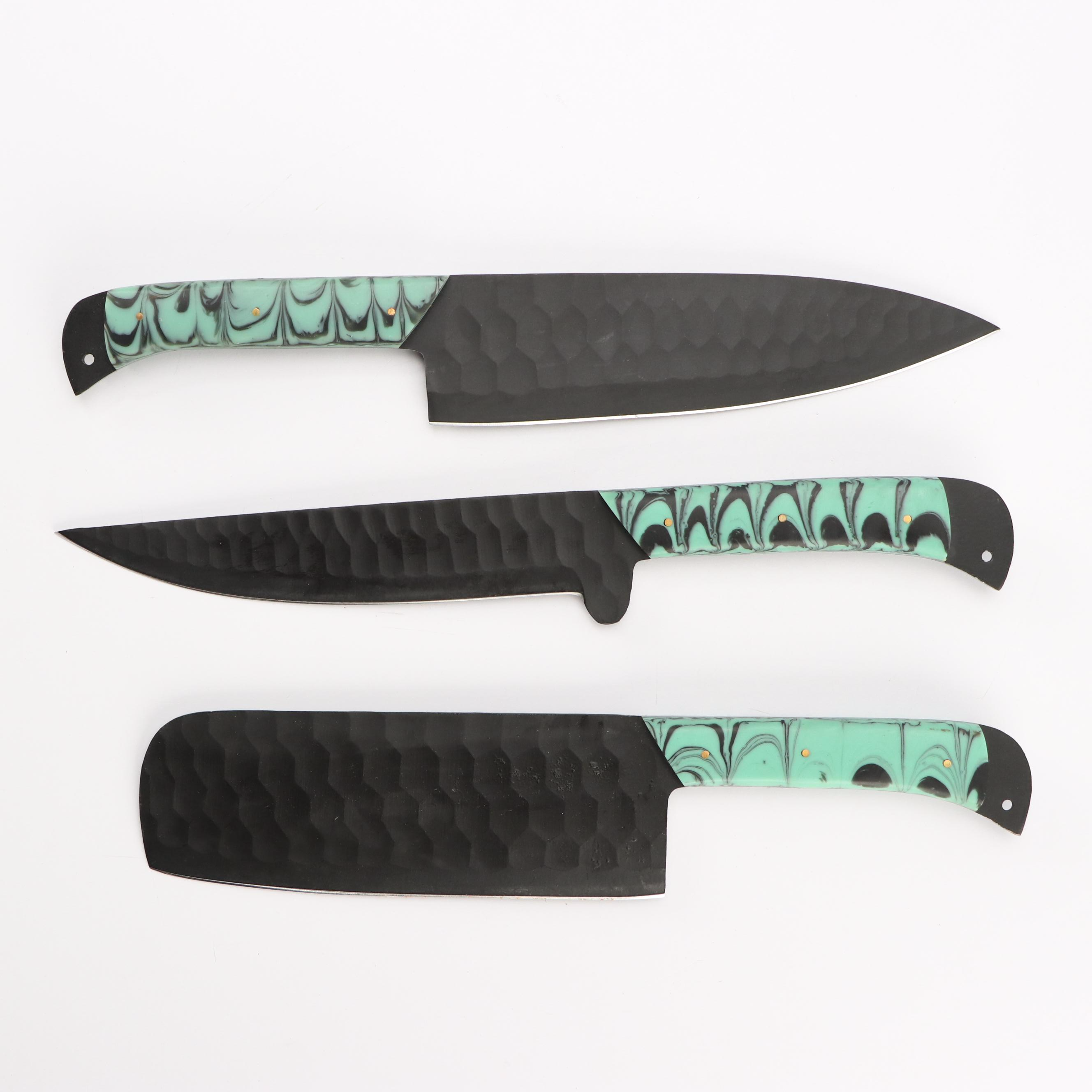 Black Metal and Marbled Handled Chef's Knife Set in Suede Leather Scabbard
