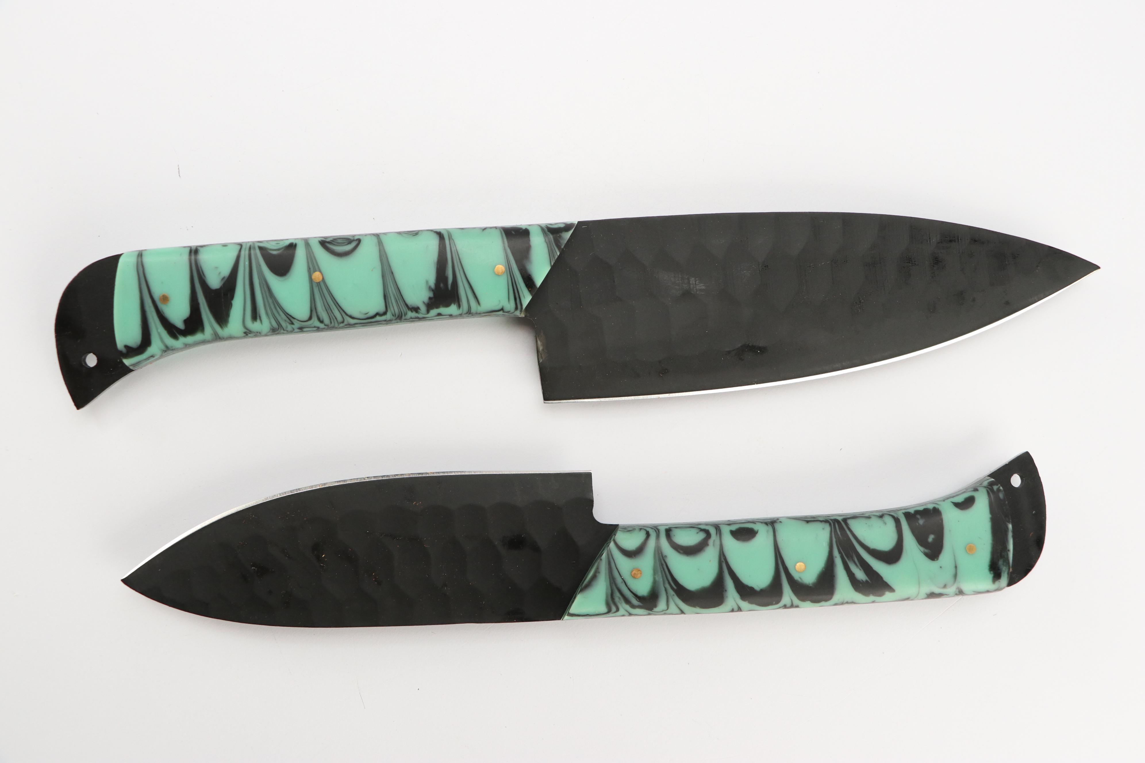 Black Metal and Marbled Handled Chef's Knife Set in Suede Leather Scabbard