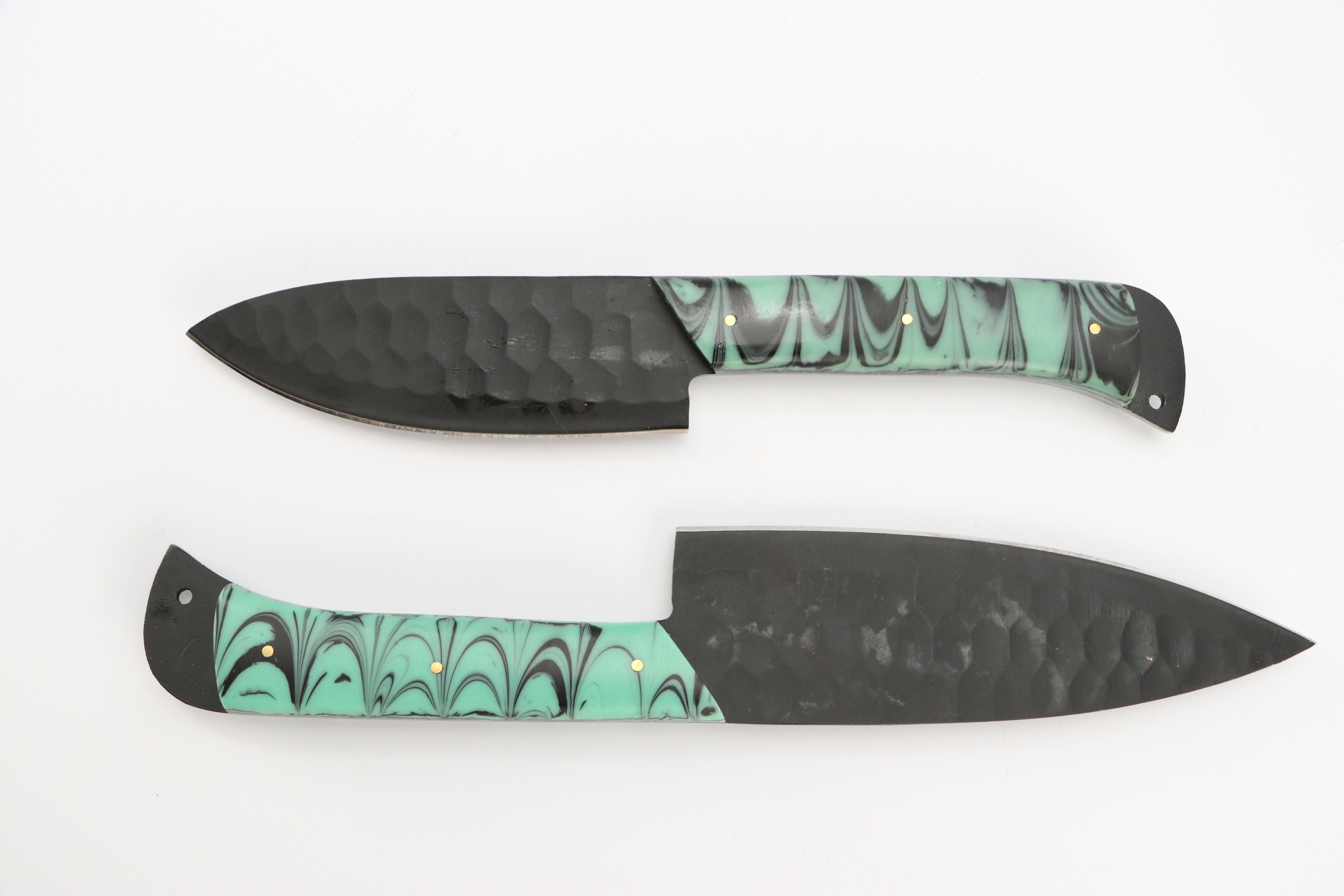 Black Metal and Marbled Handled Chef's Knife Set in Suede Leather Scabbard