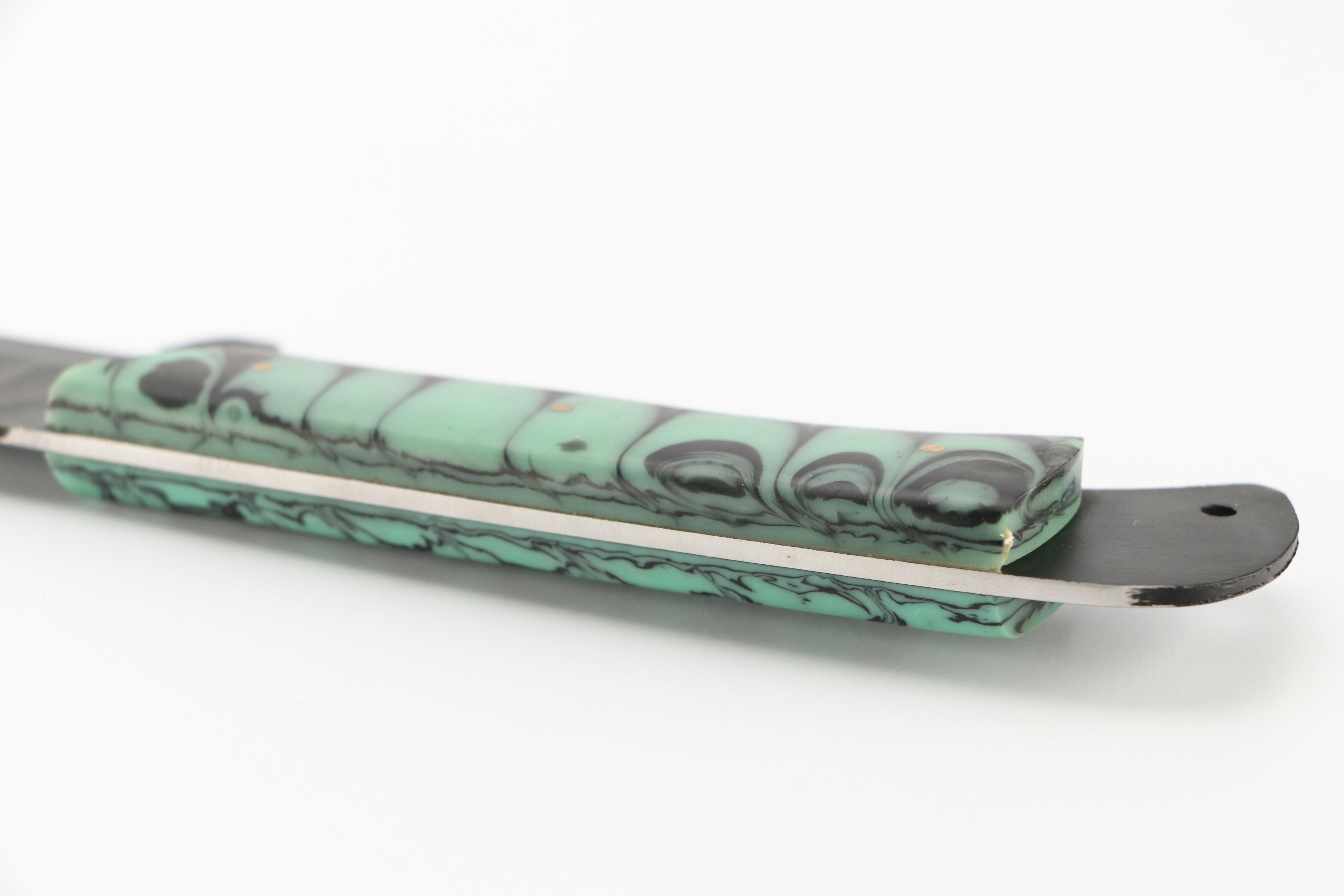 Black Metal and Marbled Handled Chef's Knife Set in Suede Leather Scabbard