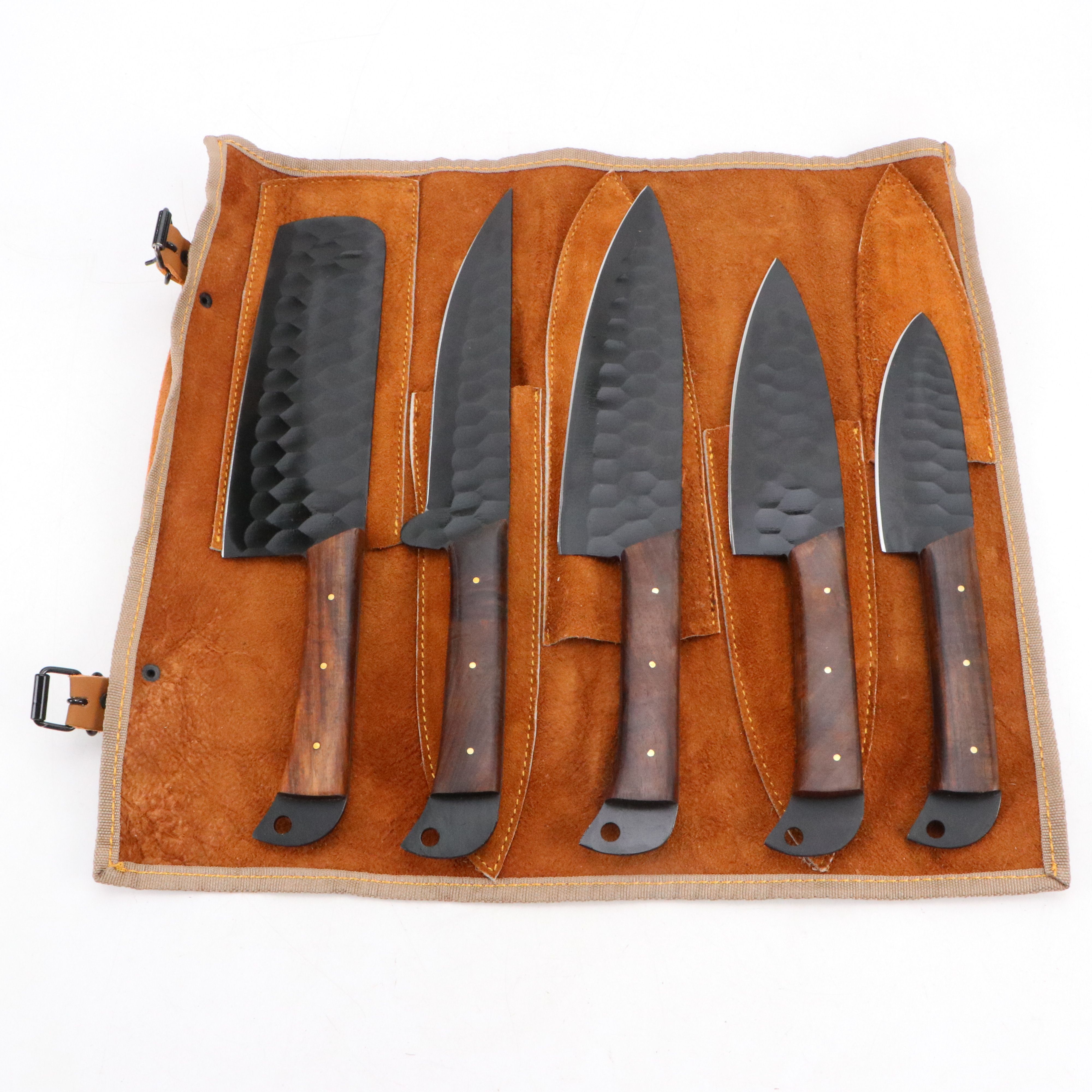 Wooden Handled and Black Metal Chef's Knife Set in Suede Leather Roll