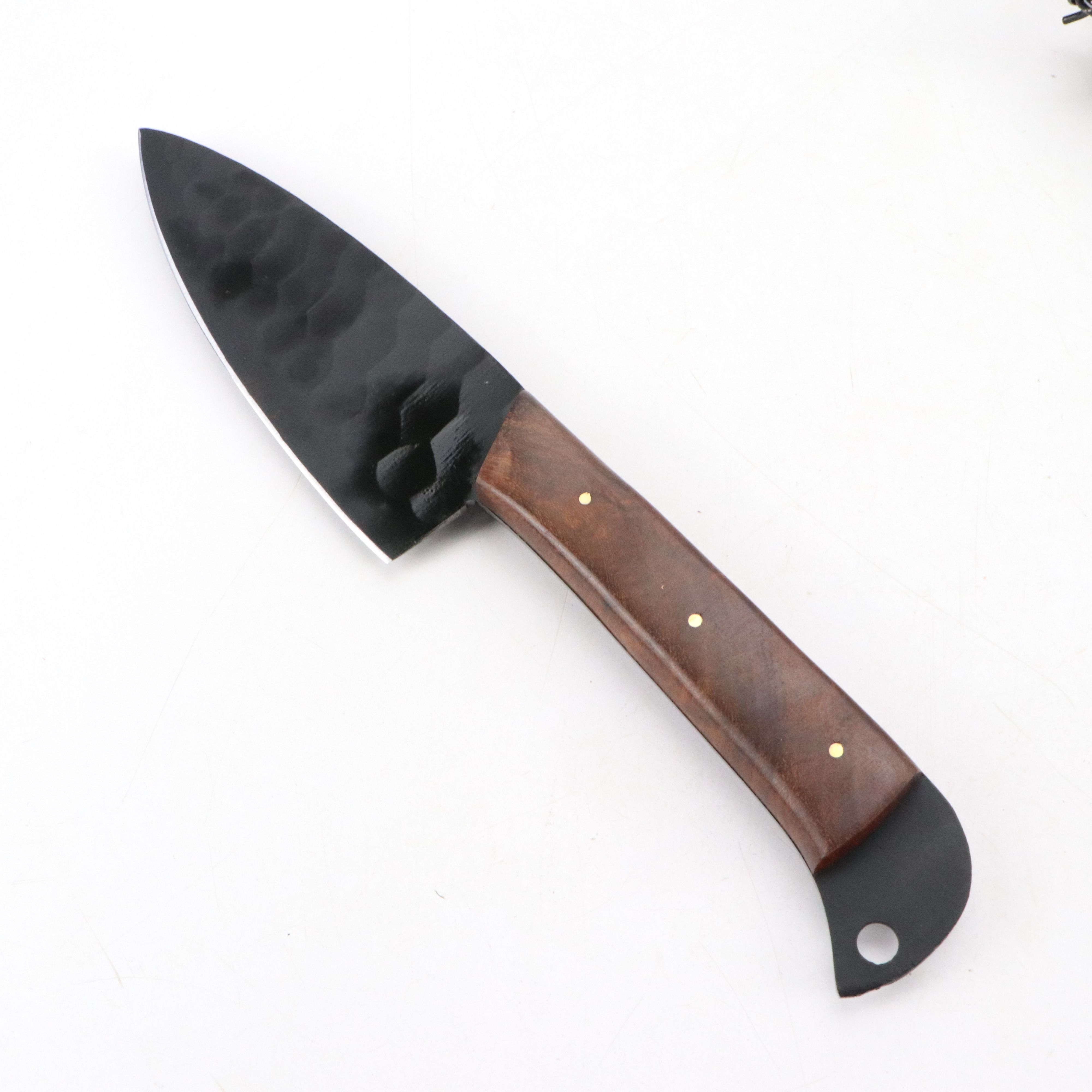 Wooden Handled and Black Metal Chef's Knife Set in Suede Leather Roll