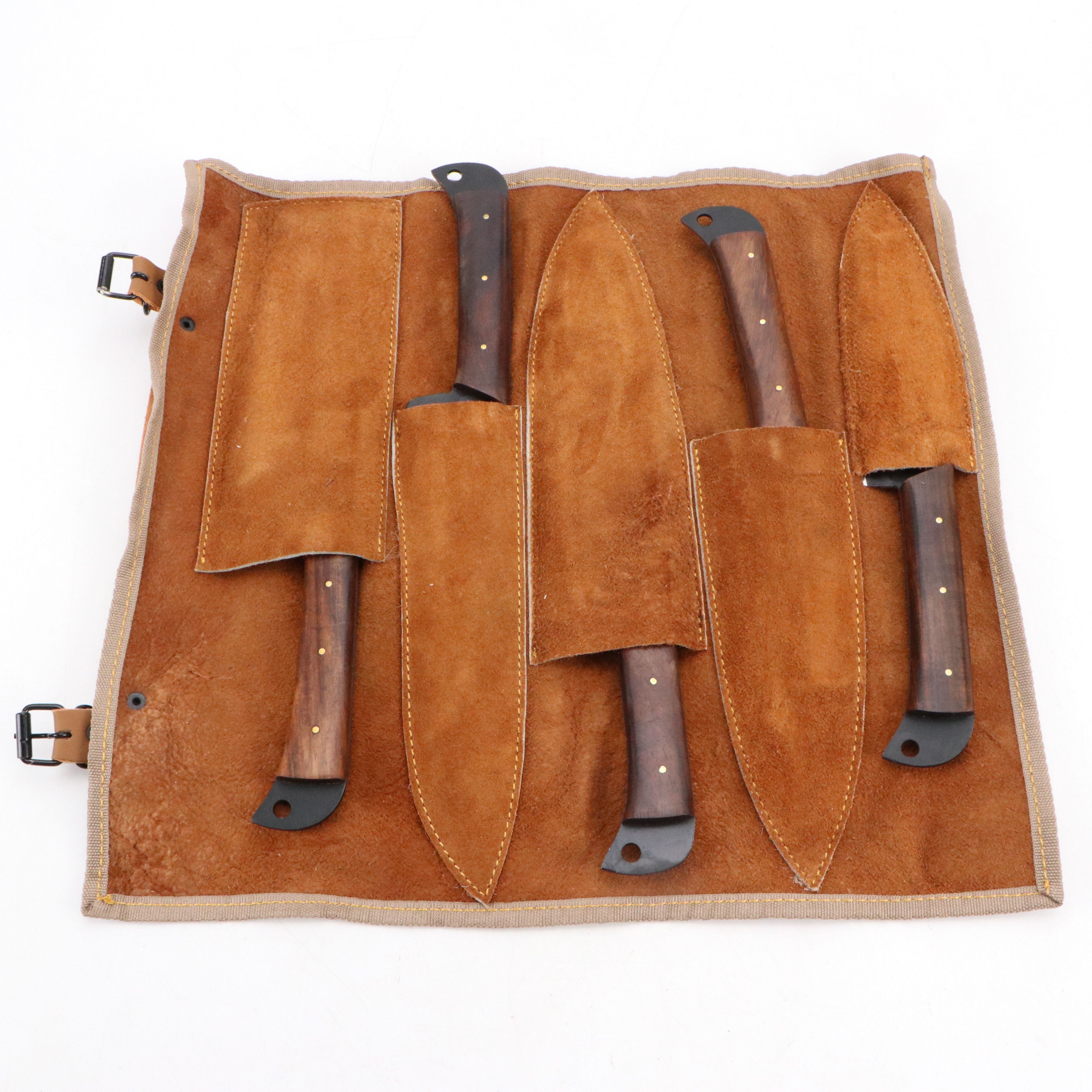Wooden Handled and Black Metal Chef's Knife Set in Suede Leather Roll