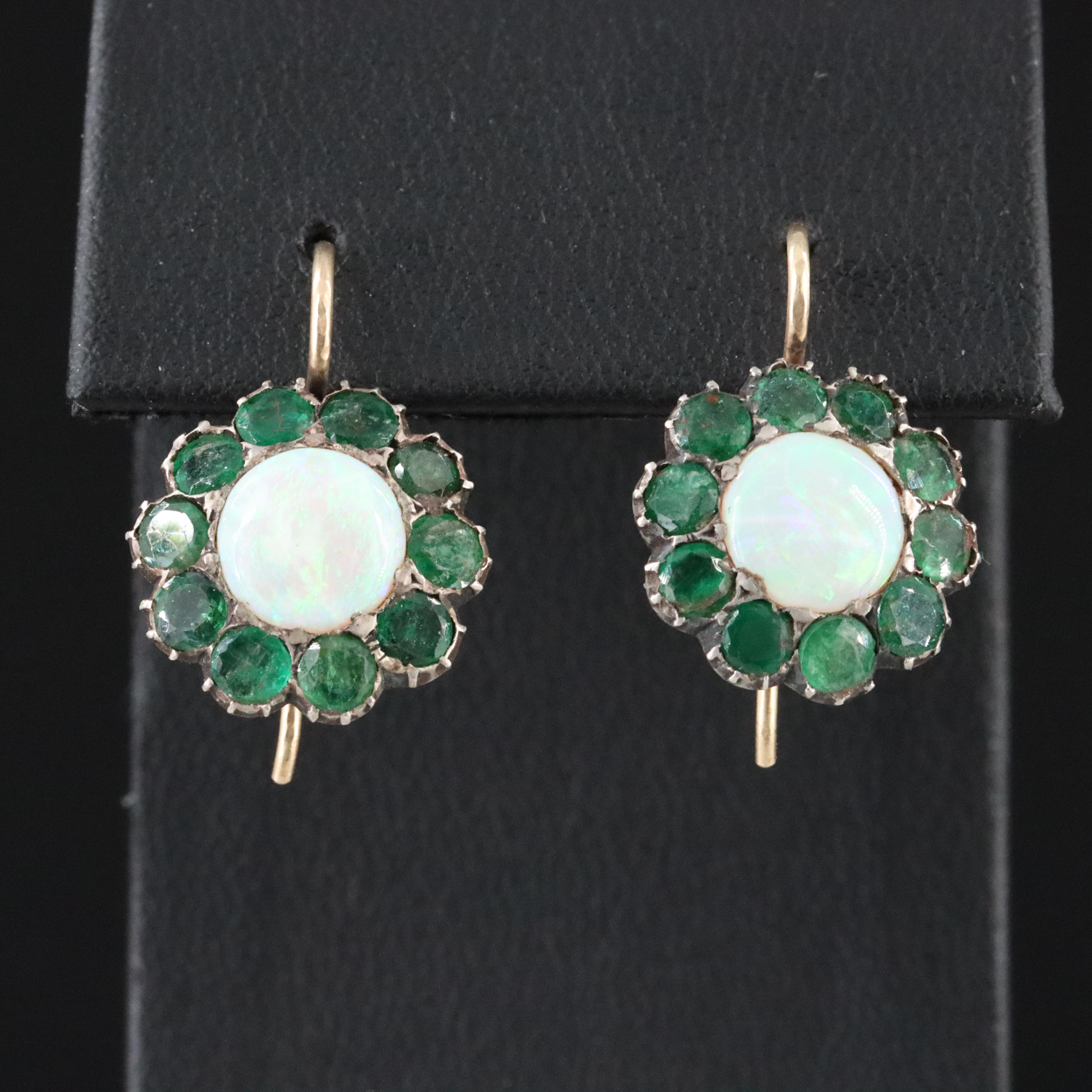 Vintage 850 Silver Opal and Emerald Earrings with 14K Wires