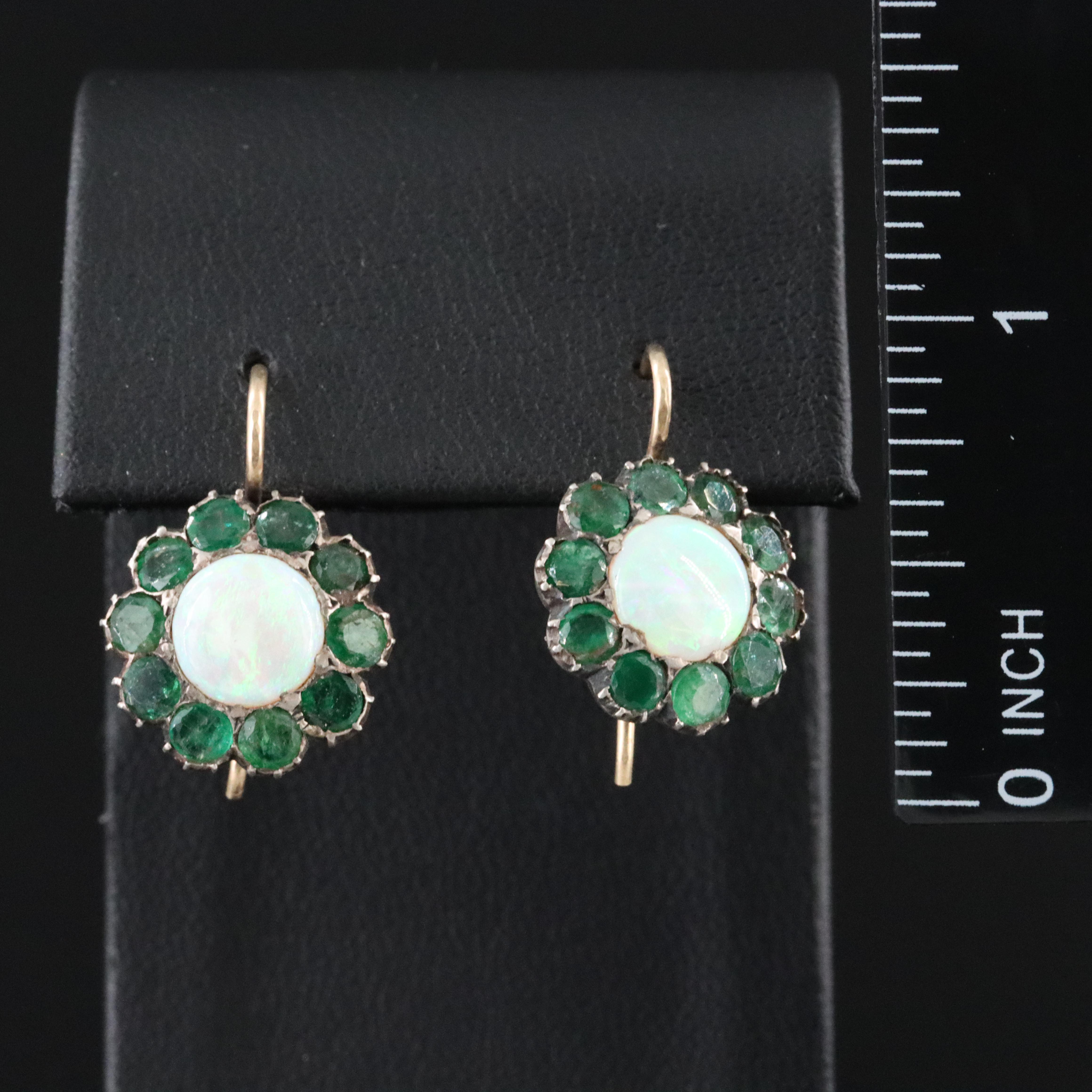 Vintage 850 Silver Opal and Emerald Earrings with 14K Wires