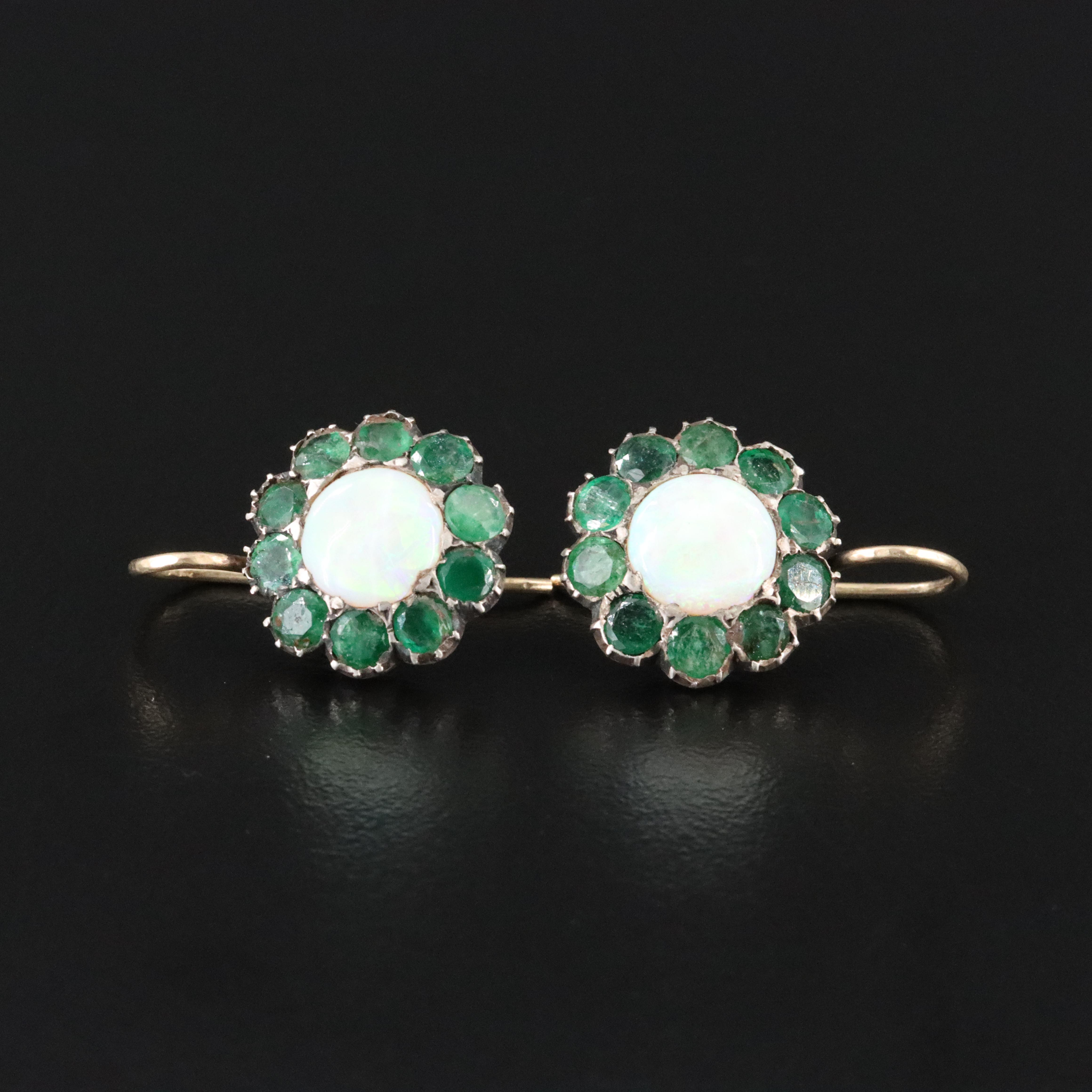 Vintage 850 Silver Opal and Emerald Earrings with 14K Wires