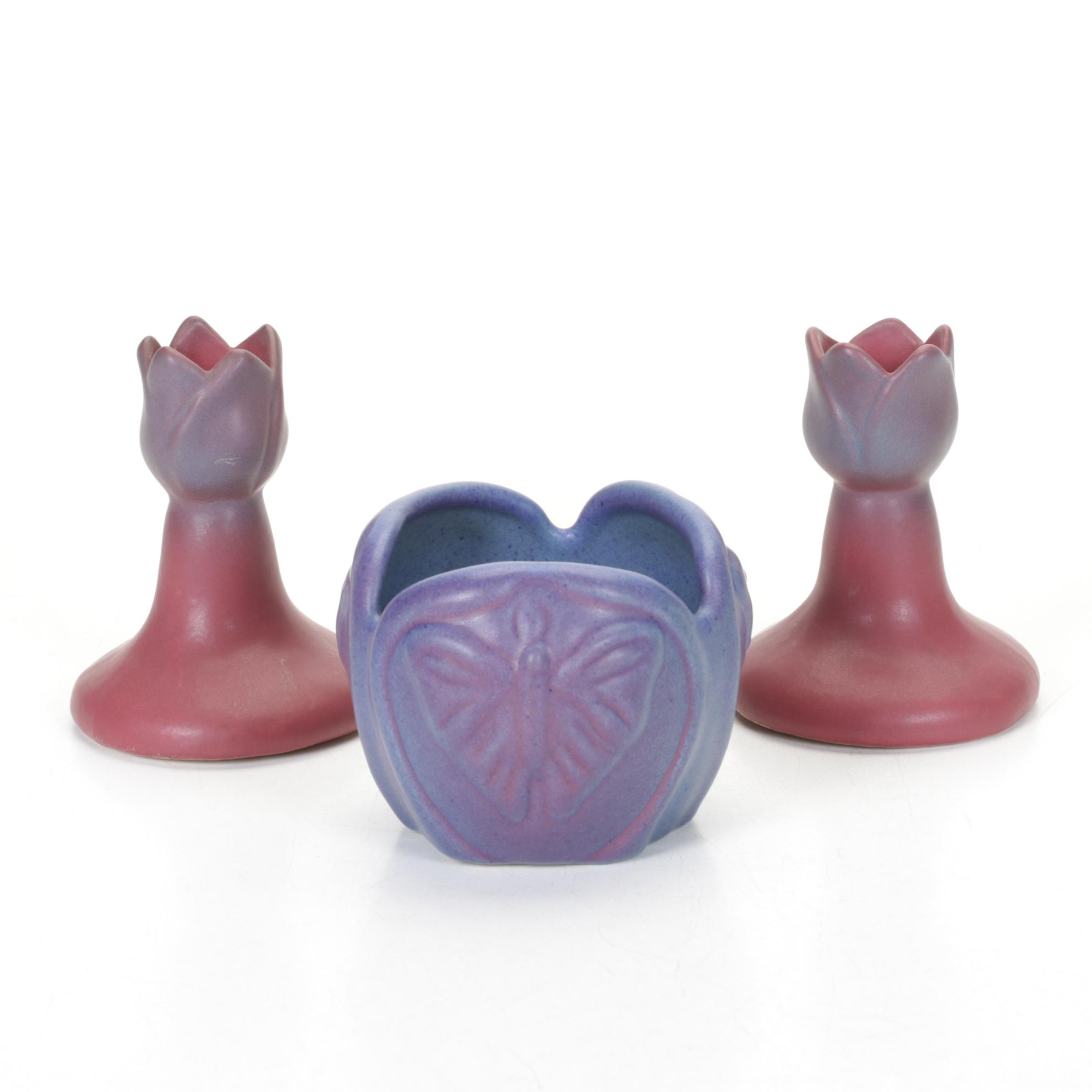 Van Briggle Pottery Butterfly Vase with Tulip Candlesticks