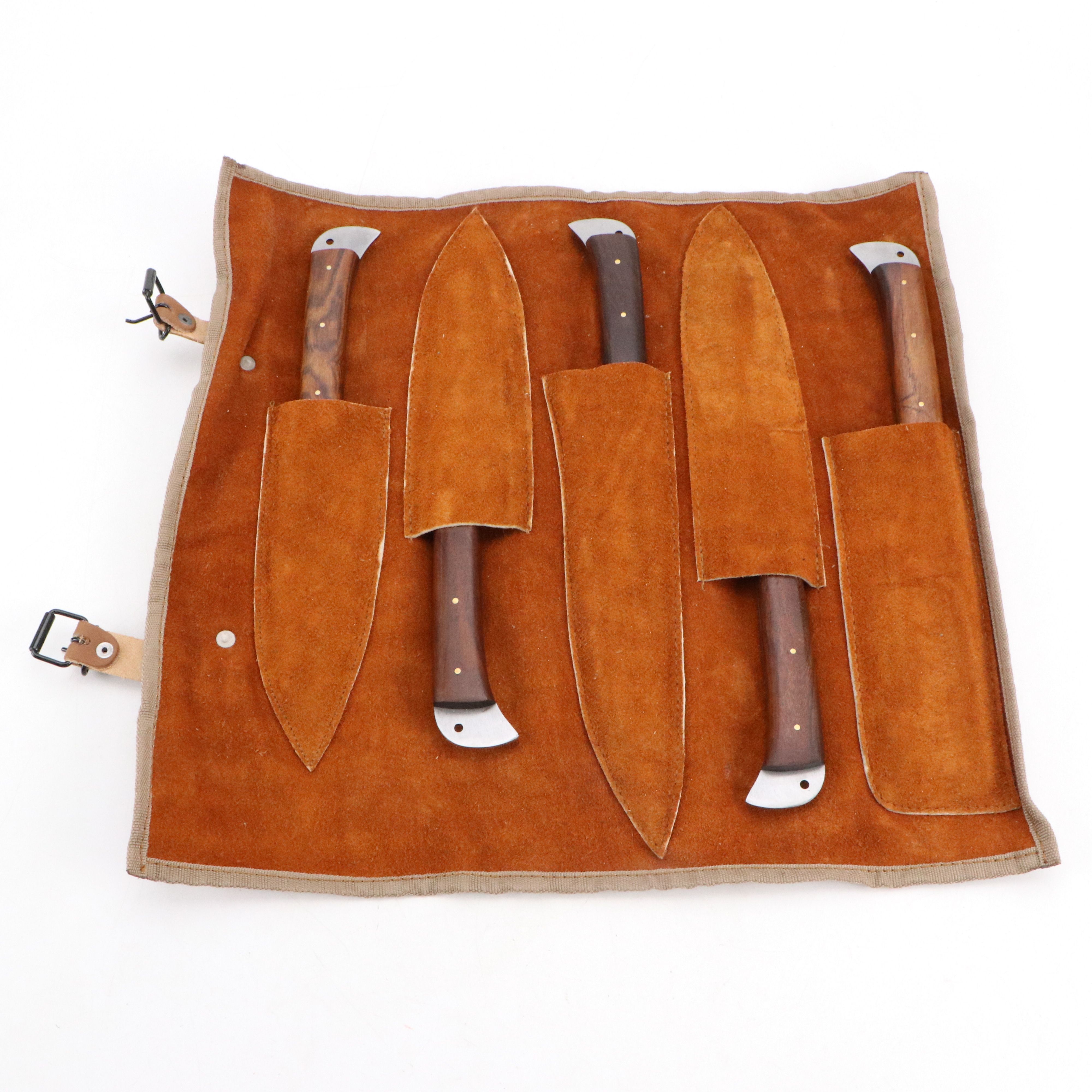 Damascus Steel and Patriotic Handled Chef's Knife Set in Suede Leather Scabbard