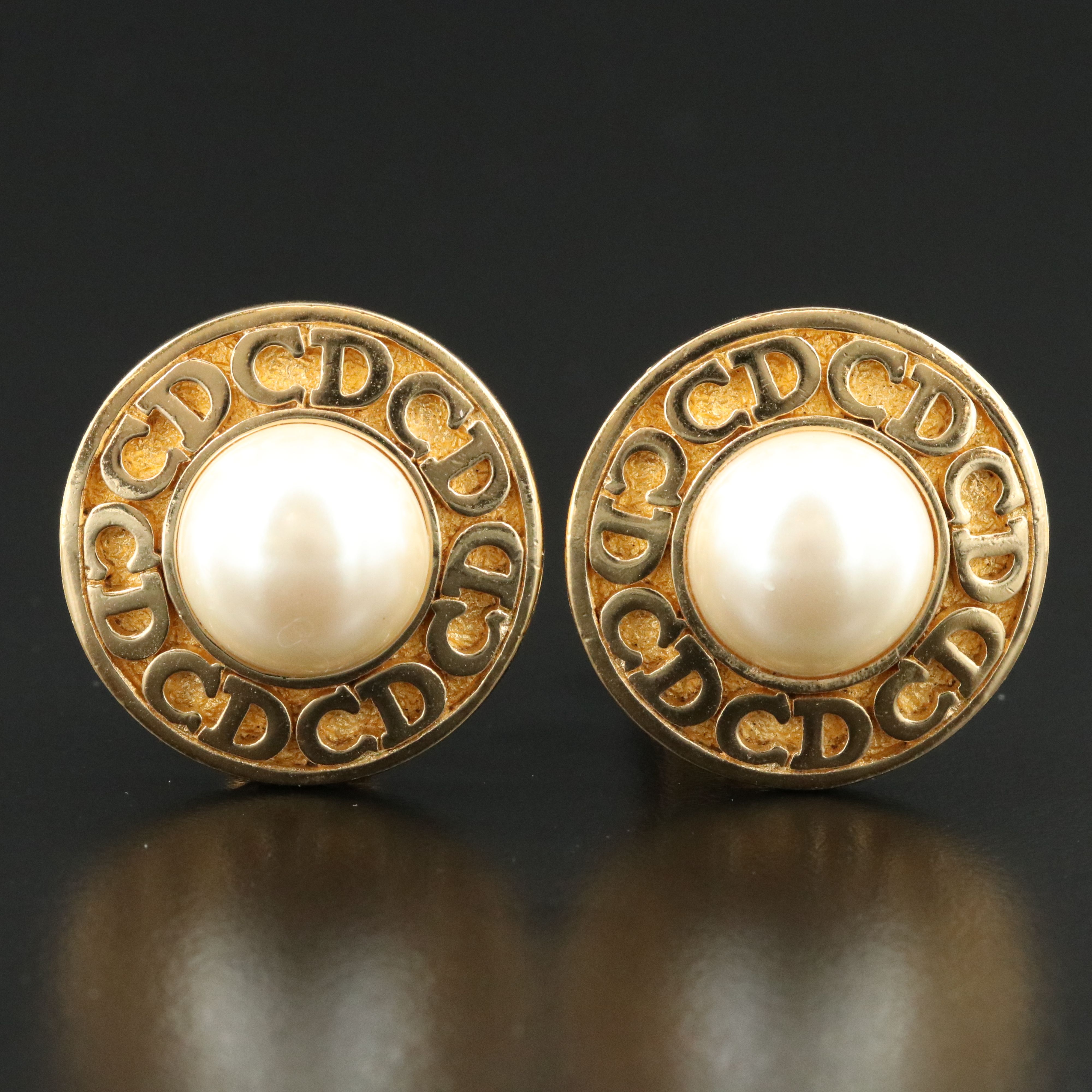 Christian Dior Logo Faux Pearl Earrings