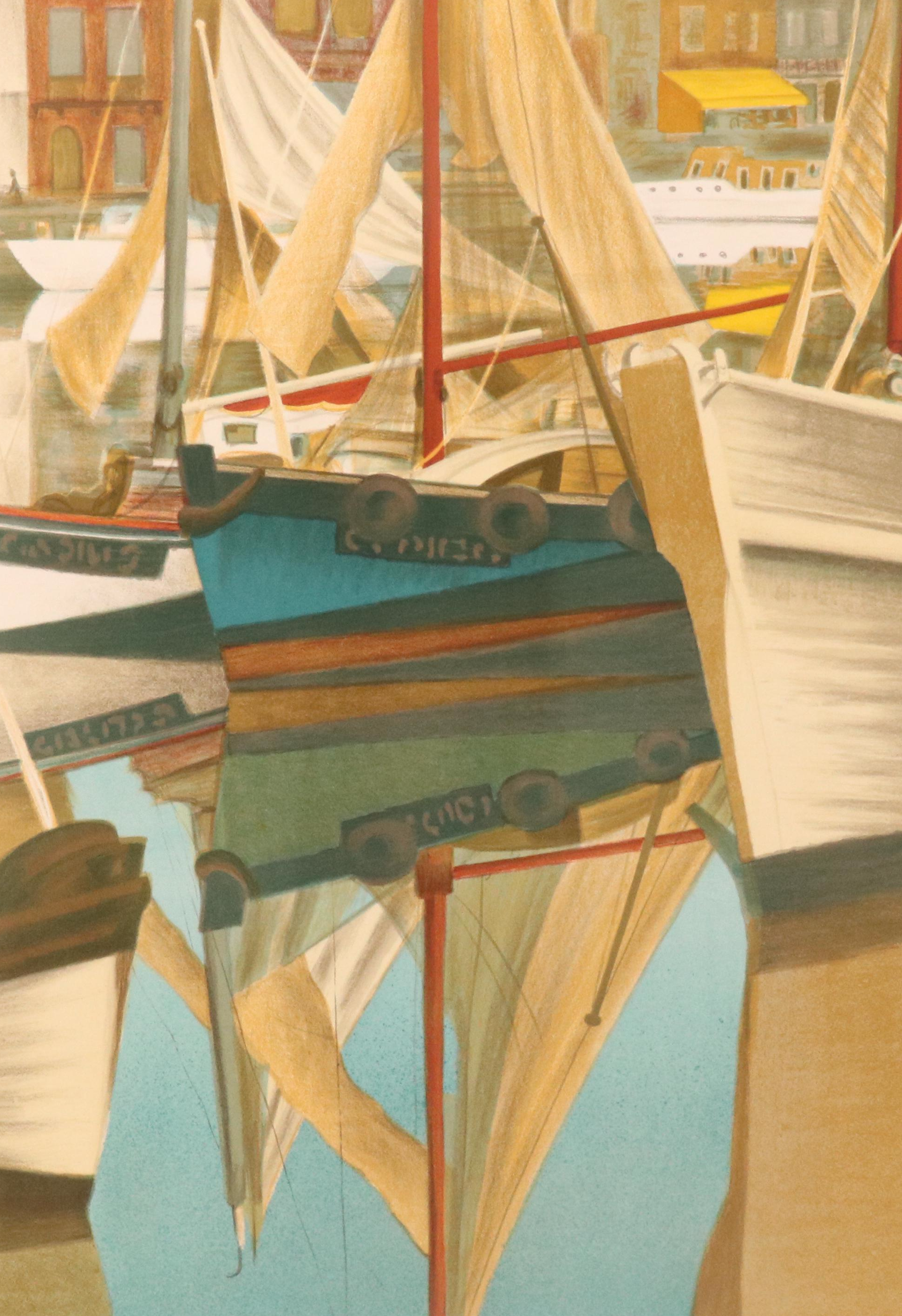 Laurent Marcel Salinas Harbor Scene Lithograph "Honfleur," Circa 1975