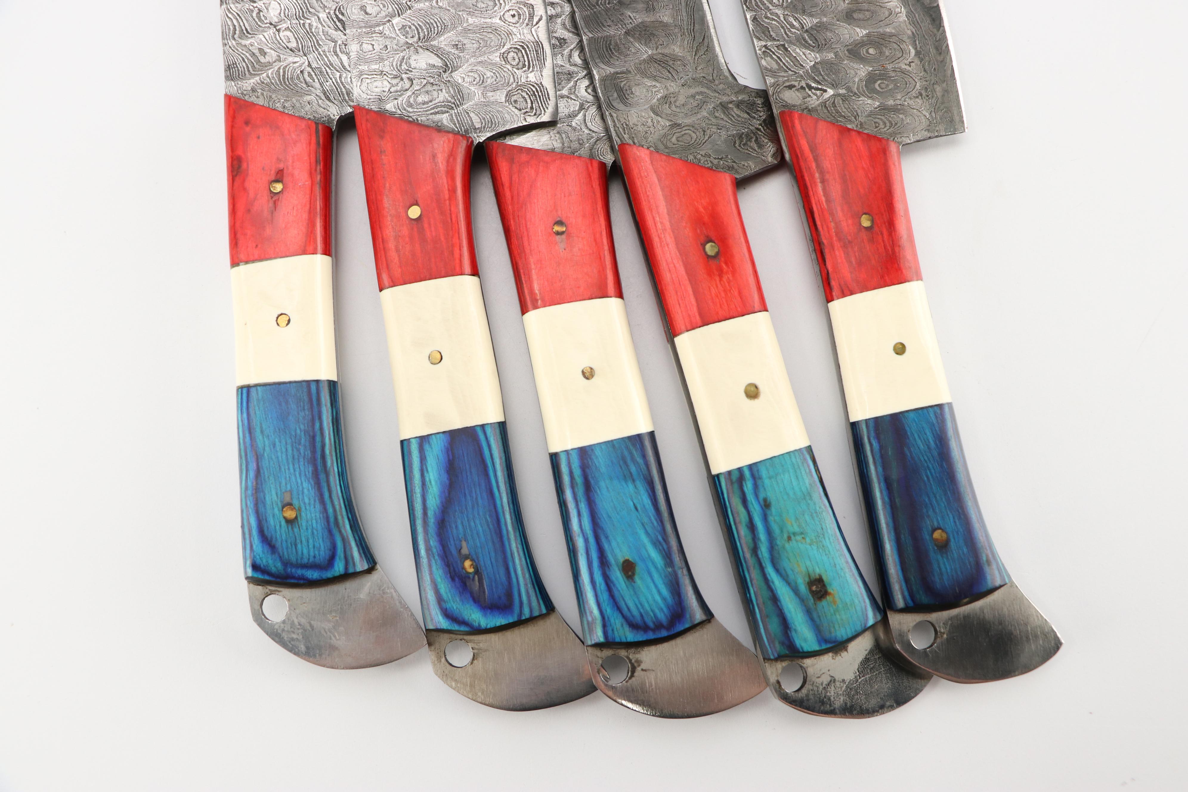 Damascus Steel and Wooden Handled Chef's Knife Set in Suede Leather Scabbard