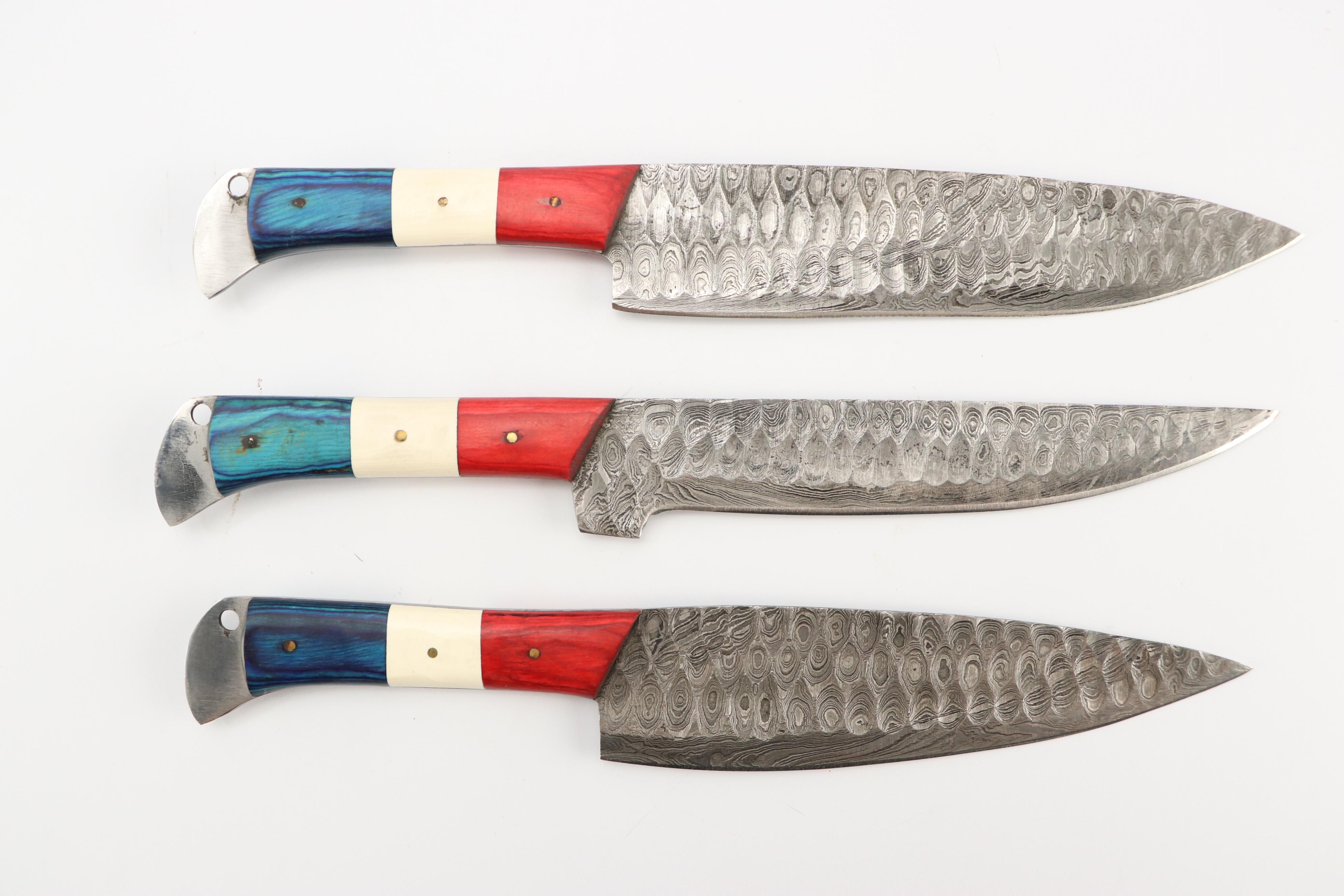 Damascus Steel and Wooden Handled Chef's Knife Set in Suede Leather Scabbard