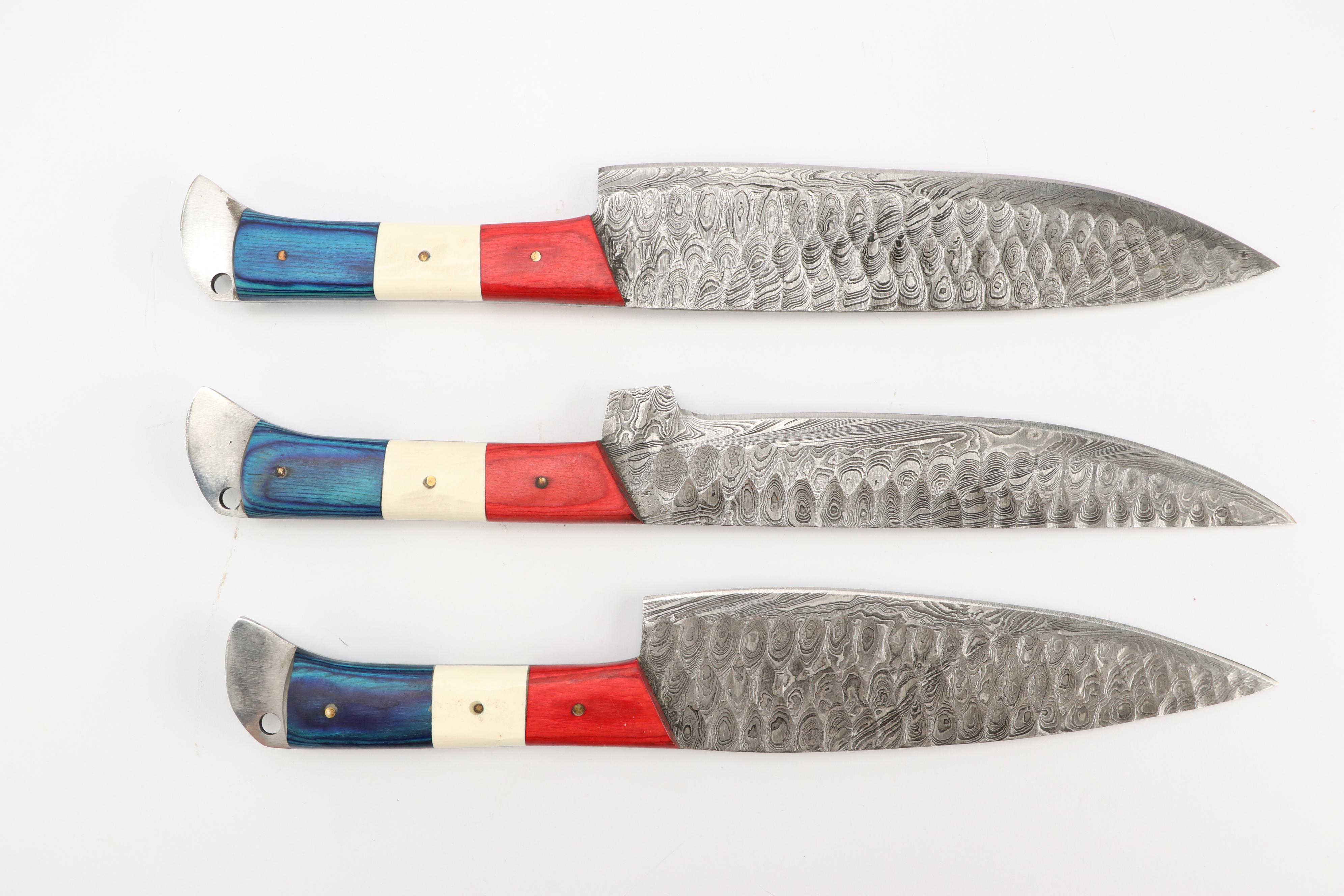 Damascus Steel and Wooden Handled Chef's Knife Set in Suede Leather Scabbard