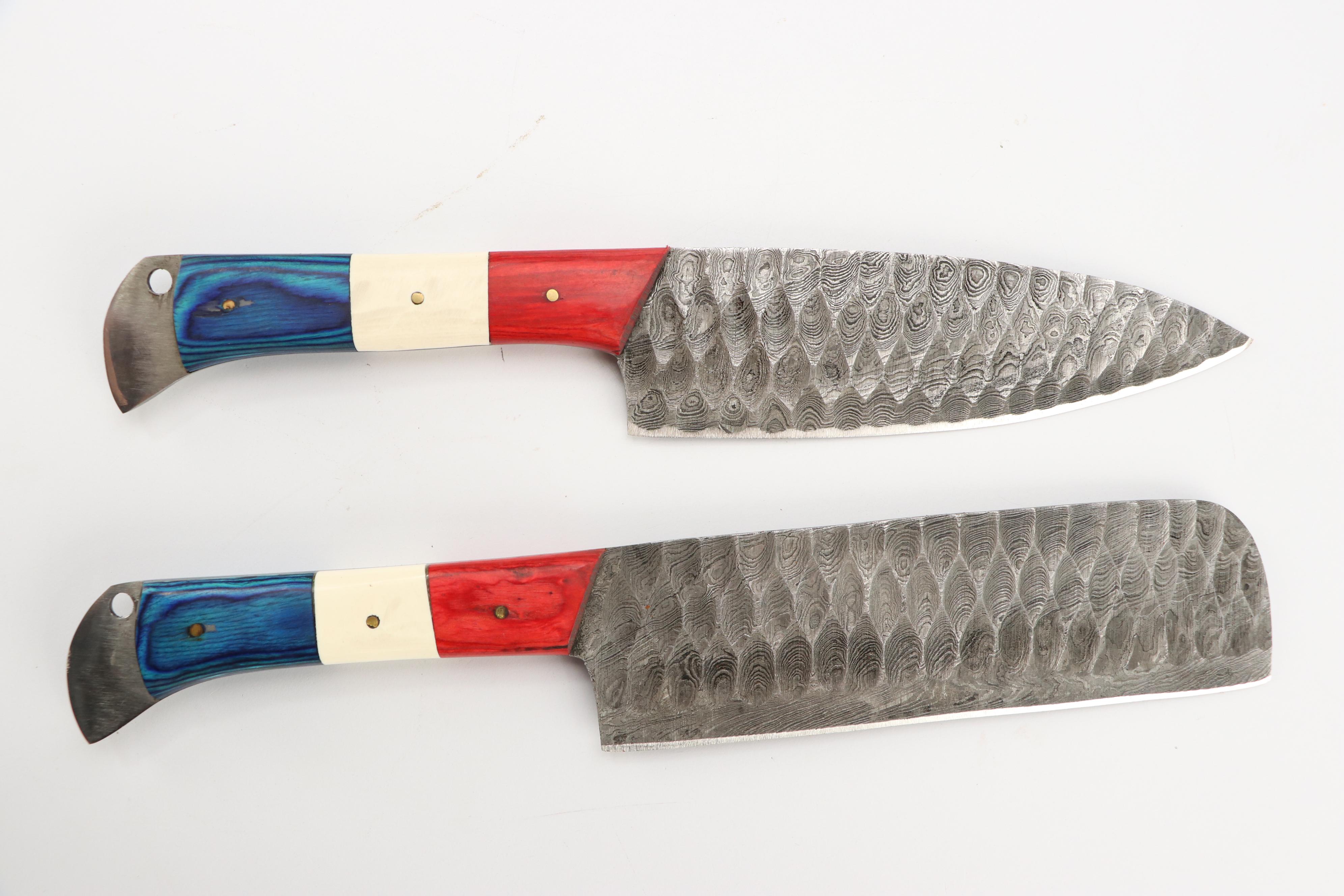 Damascus Steel and Wooden Handled Chef's Knife Set in Suede Leather Scabbard