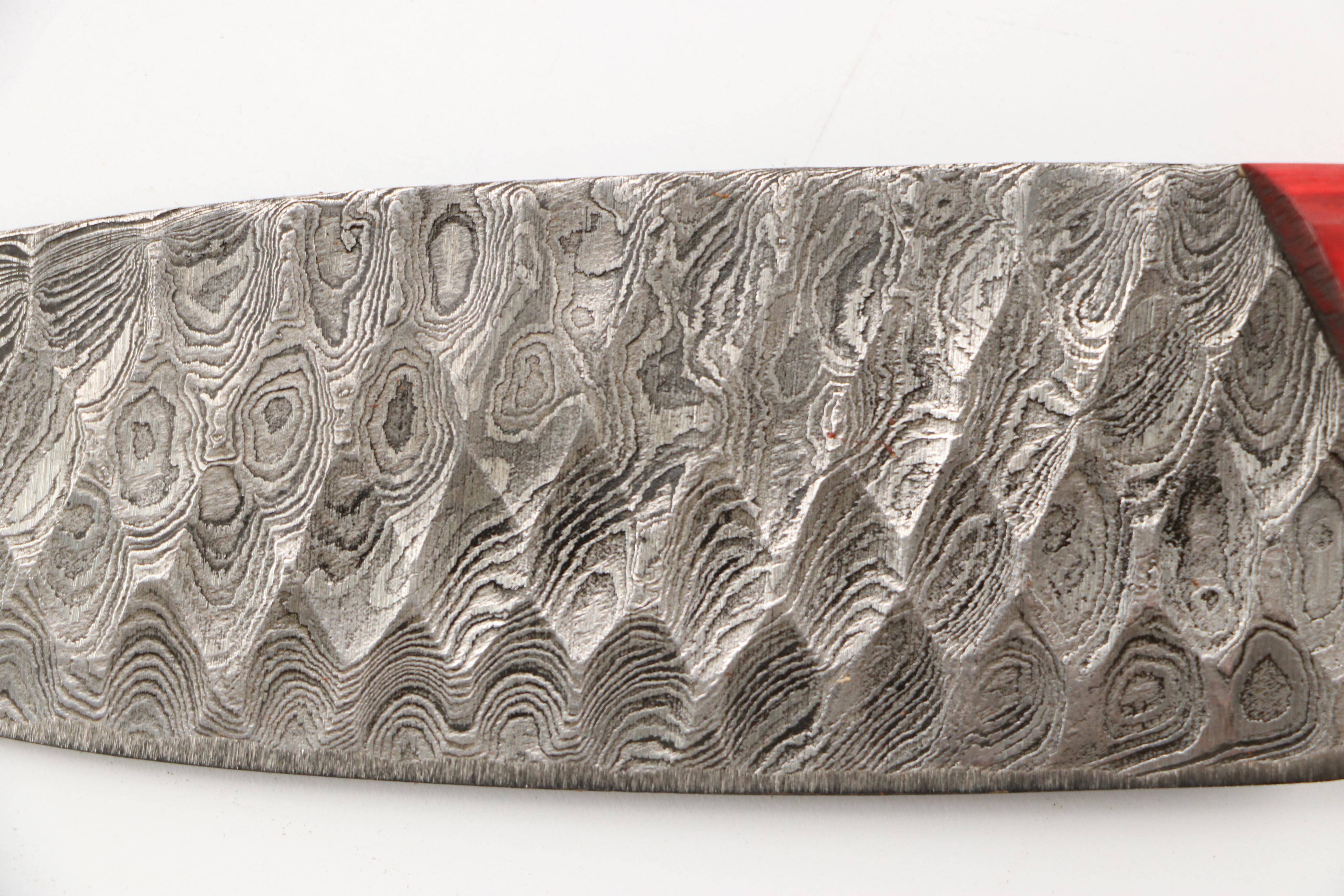 Damascus Steel and Wooden Handled Chef's Knife Set in Suede Leather Scabbard