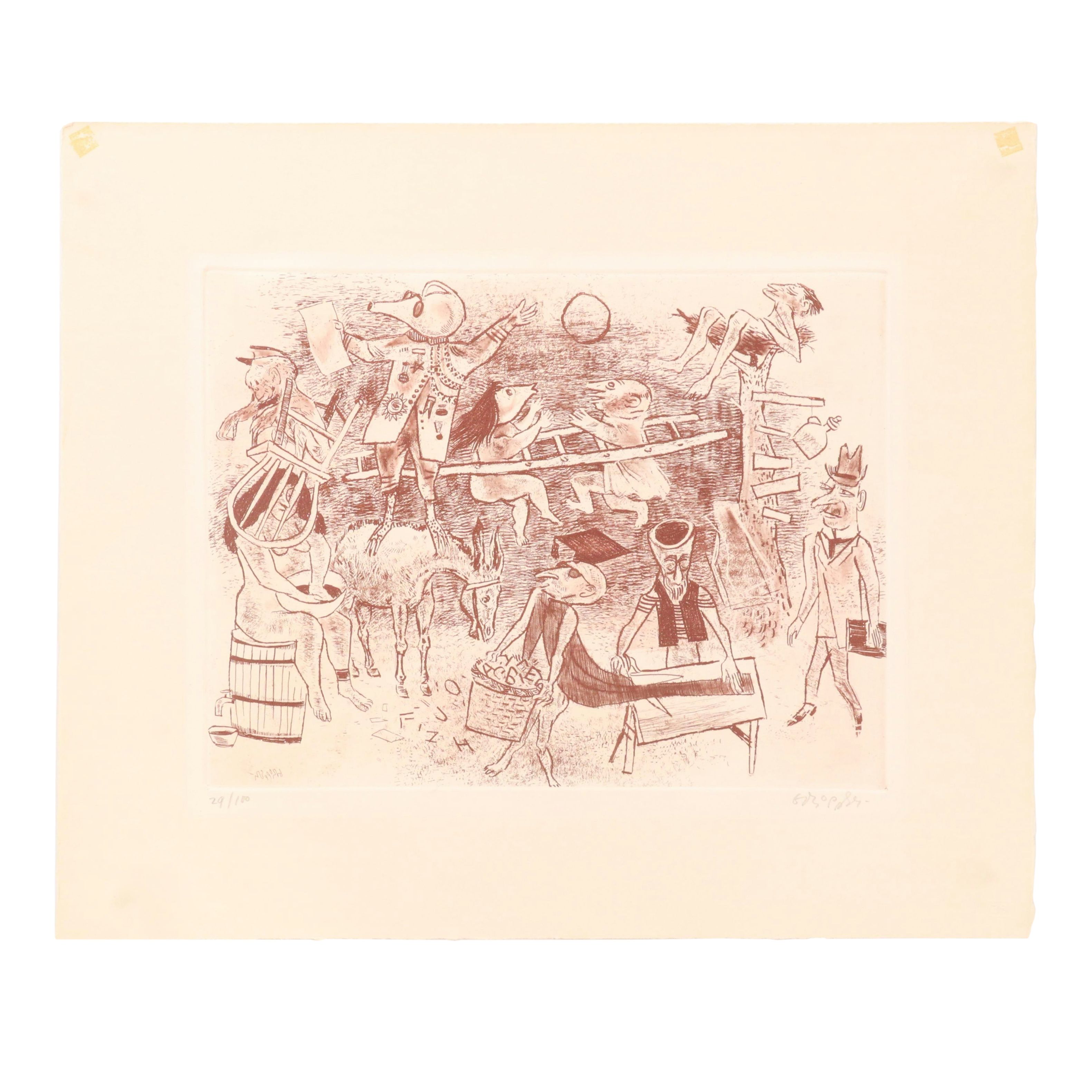 William Gropper Surrealist Etching "Fantasy," 1965