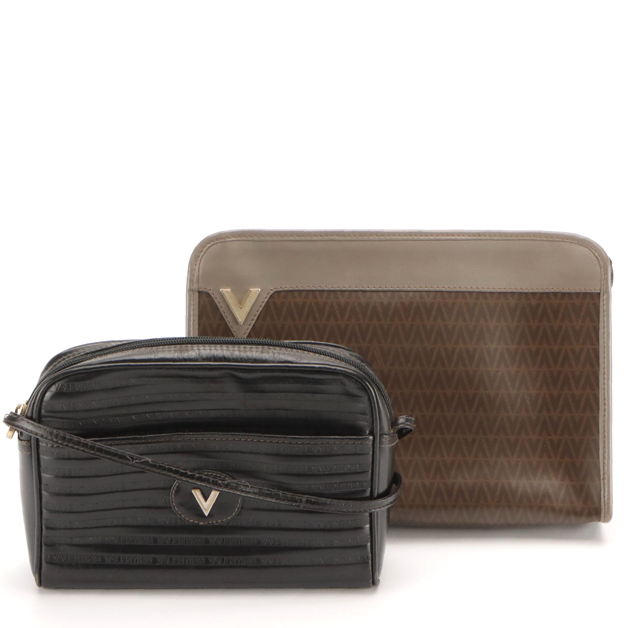 Mario Valentino Camera Bag and Zip Clutch in Logo Leather